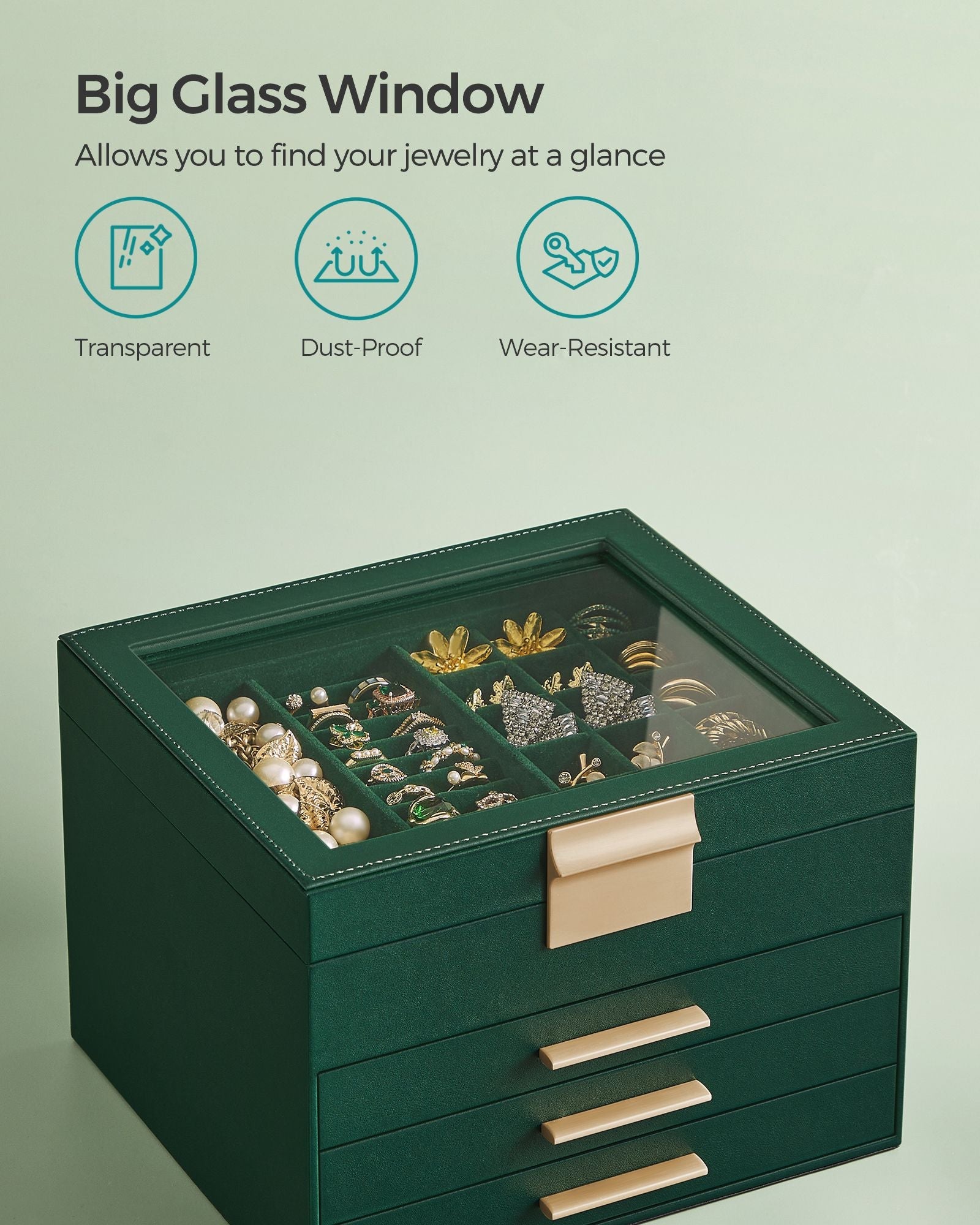 4-Layer Jewelry Box with Glass Lid, 3 Drawers