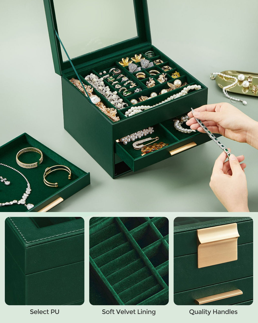 4-Layer Jewelry Box with Glass Lid, 3 Drawers