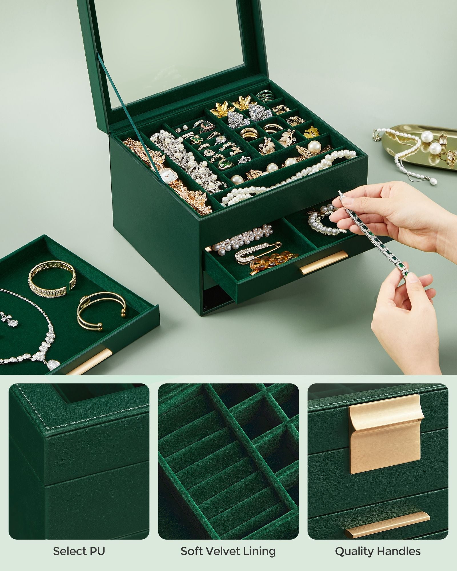 4-Layer Jewelry Box with Glass Lid, 3 Drawers