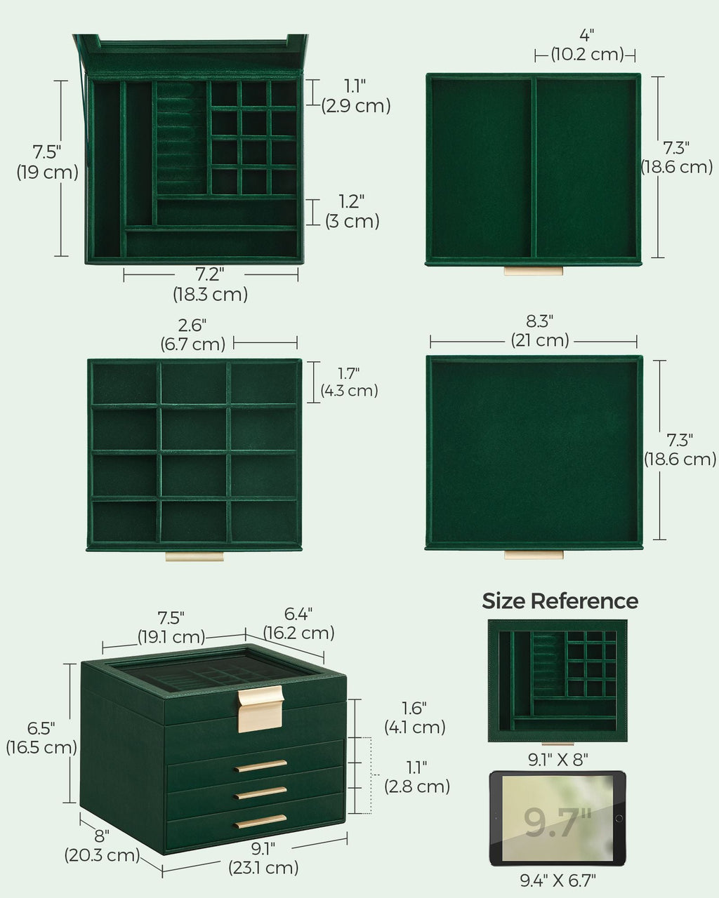 4-Layer Jewelry Box with Glass Lid, 3 Drawers