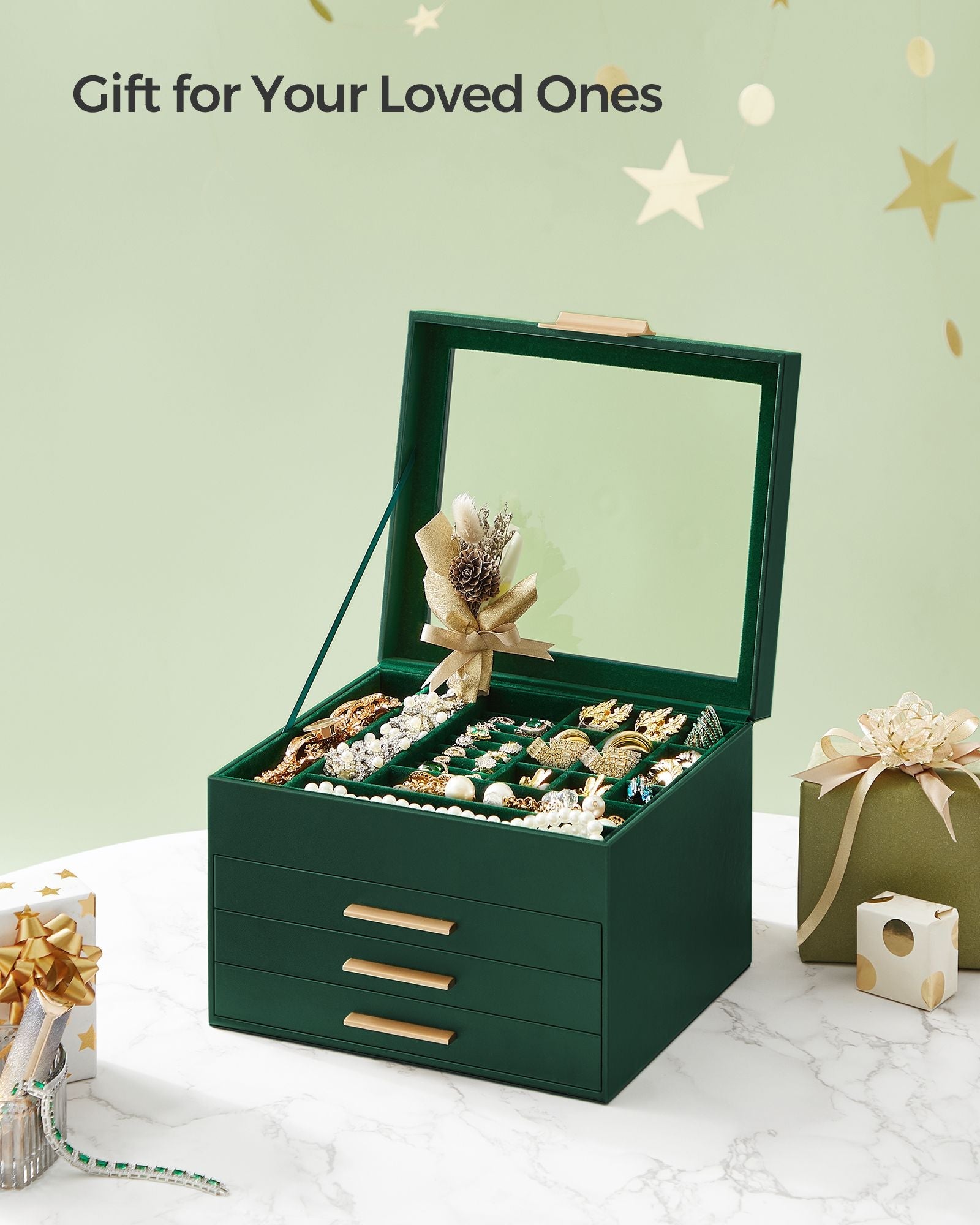 4-Layer Jewelry Box with Glass Lid, 3 Drawers