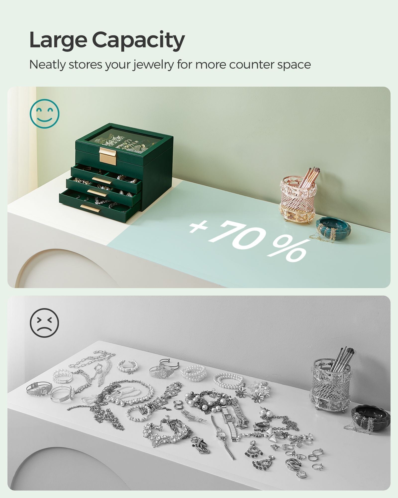 4-Layer Jewelry Box with Glass Lid, 3 Drawers