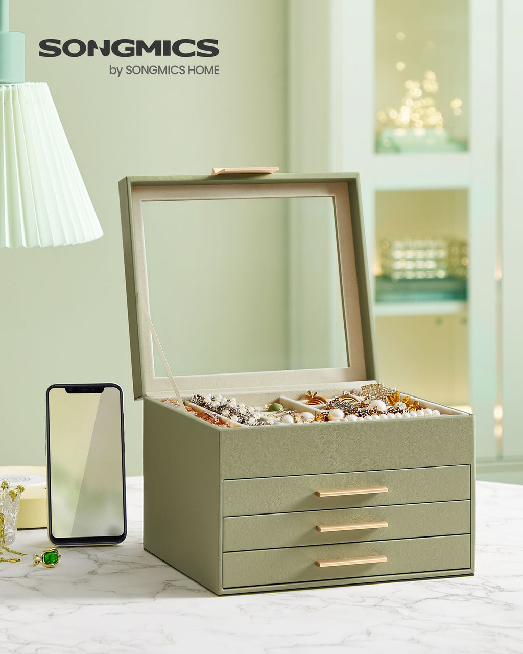 4-Layer Jewelry Box with Glass Lid, 3 Drawers