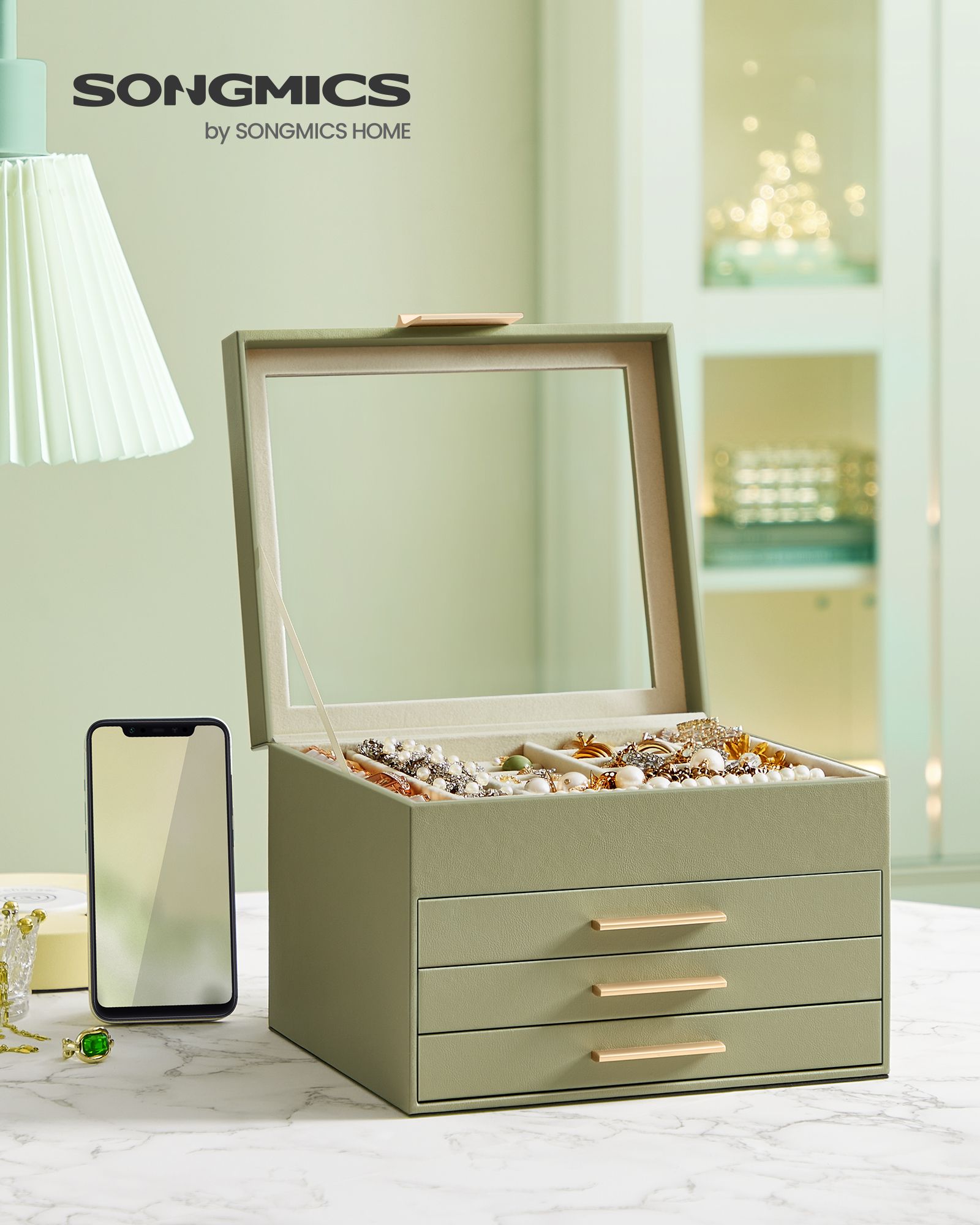 4-Layer Jewelry Box with Glass Lid, 3 Drawers