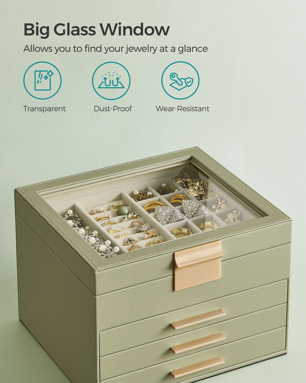 4-Layer Jewelry Box with Glass Lid, 3 Drawers