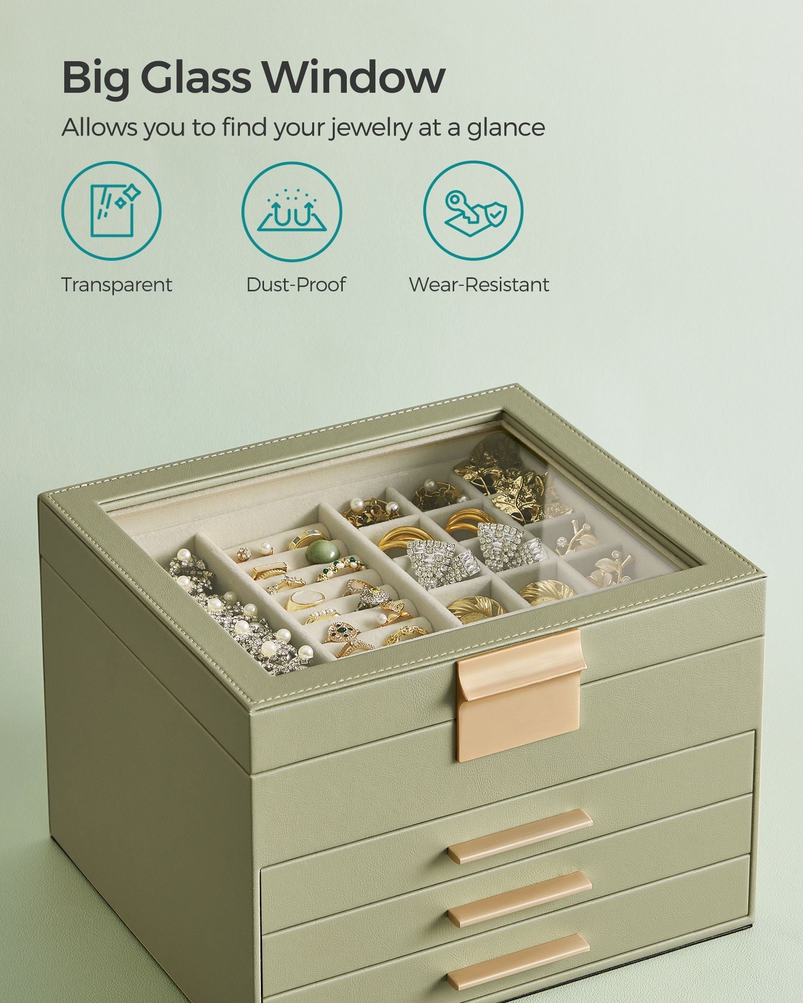 4-Layer Jewelry Box with Glass Lid, 3 Drawers