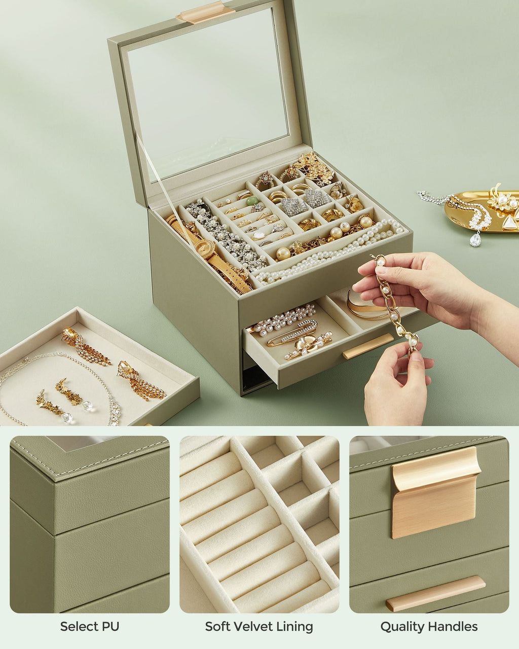 4-Layer Jewelry Box with Glass Lid, 3 Drawers