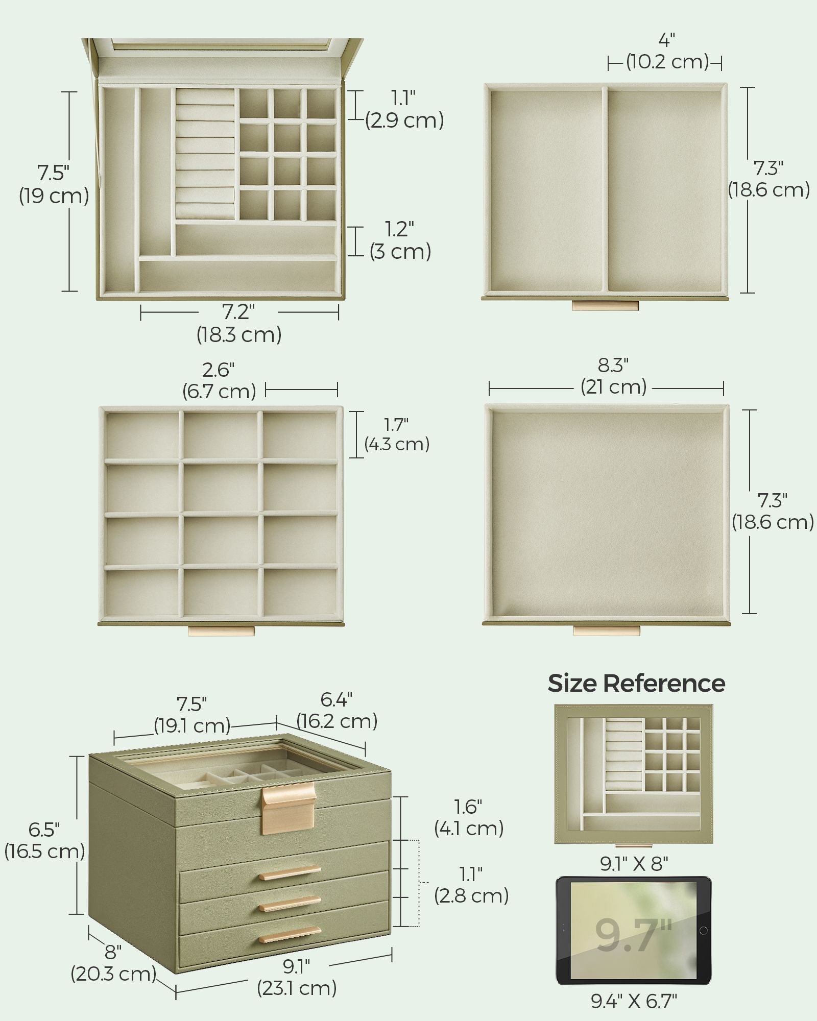 4-Layer Jewelry Box with Glass Lid, 3 Drawers