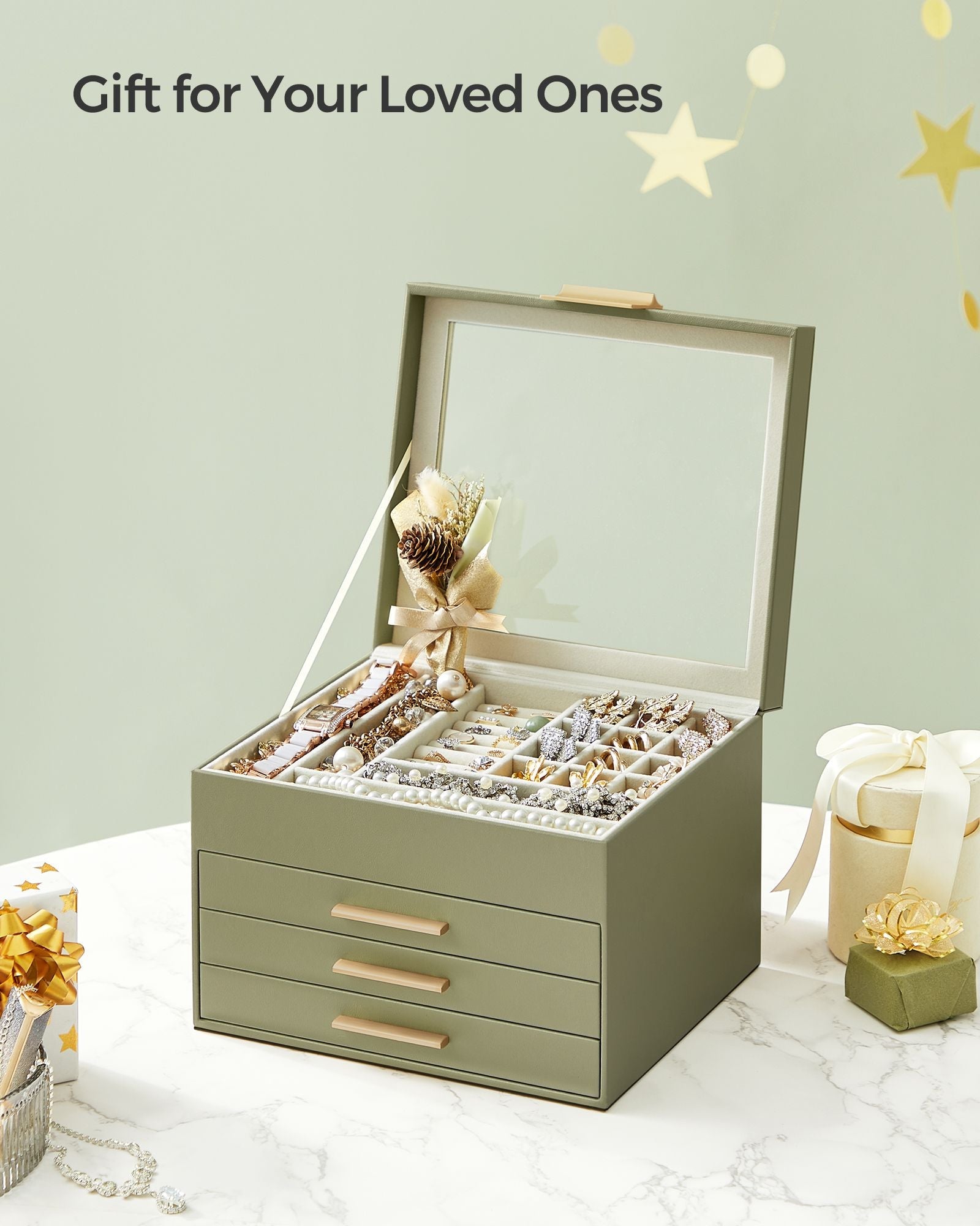 4-Layer Jewelry Box with Glass Lid, 3 Drawers