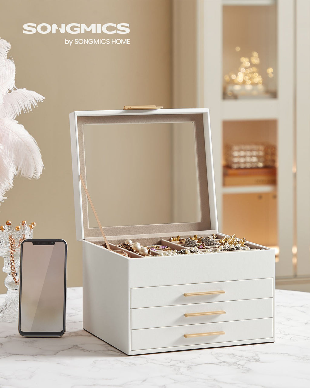 4-Layer Jewelry Box with Glass Lid, 3 Drawers