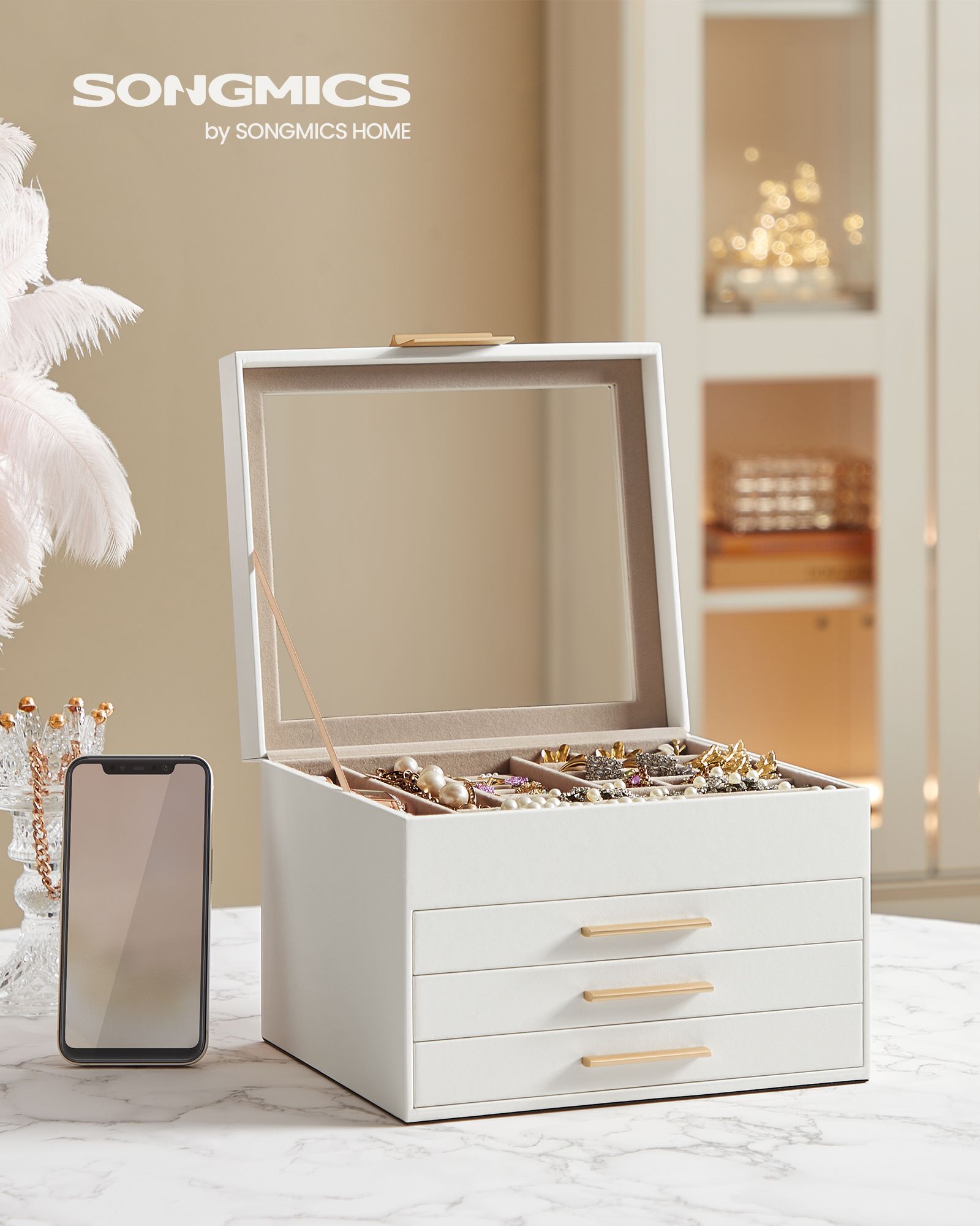 4-Layer Jewelry Box with Glass Lid, 3 Drawers