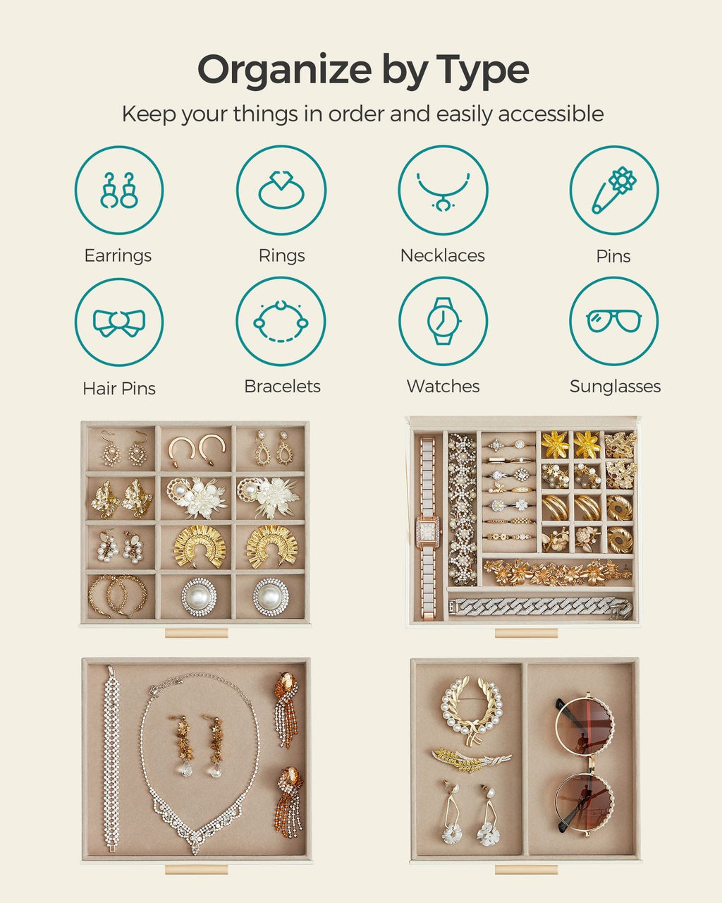 4-Layer Jewelry Box with Glass Lid, 3 Drawers