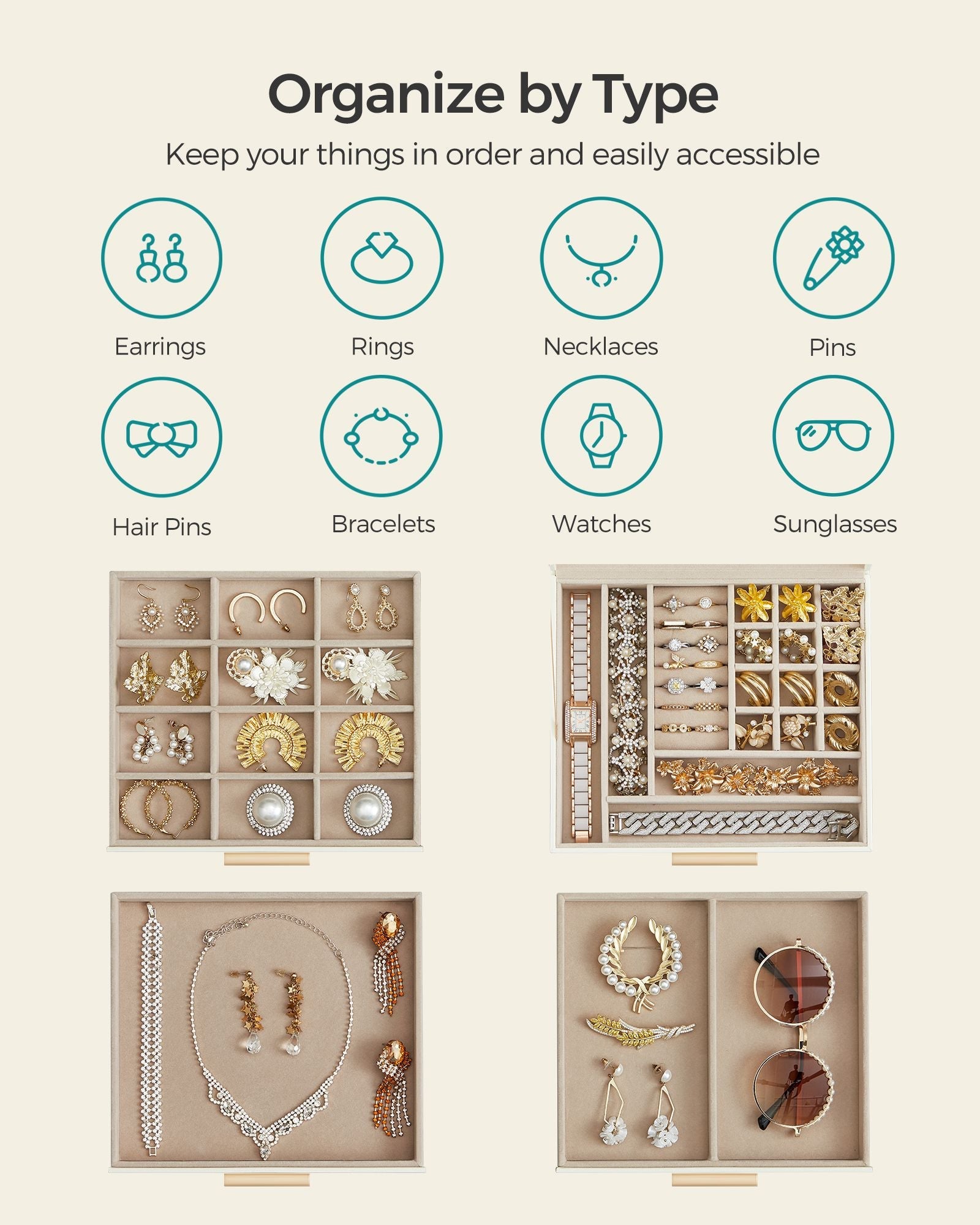 4-Layer Jewelry Box with Glass Lid, 3 Drawers