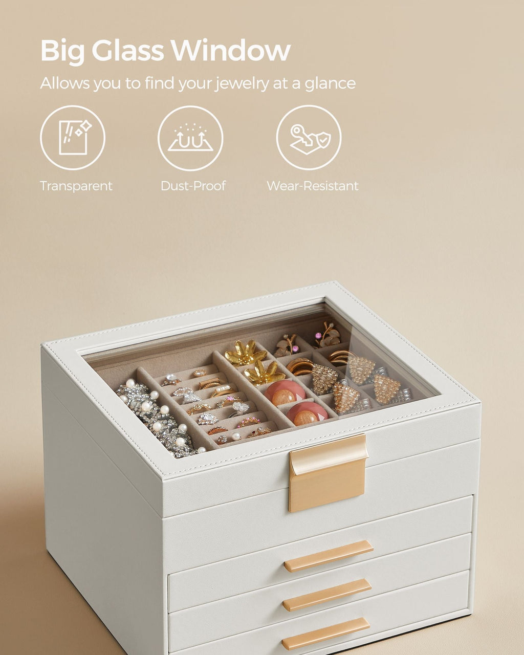 4-Layer Jewelry Box with Glass Lid, 3 Drawers