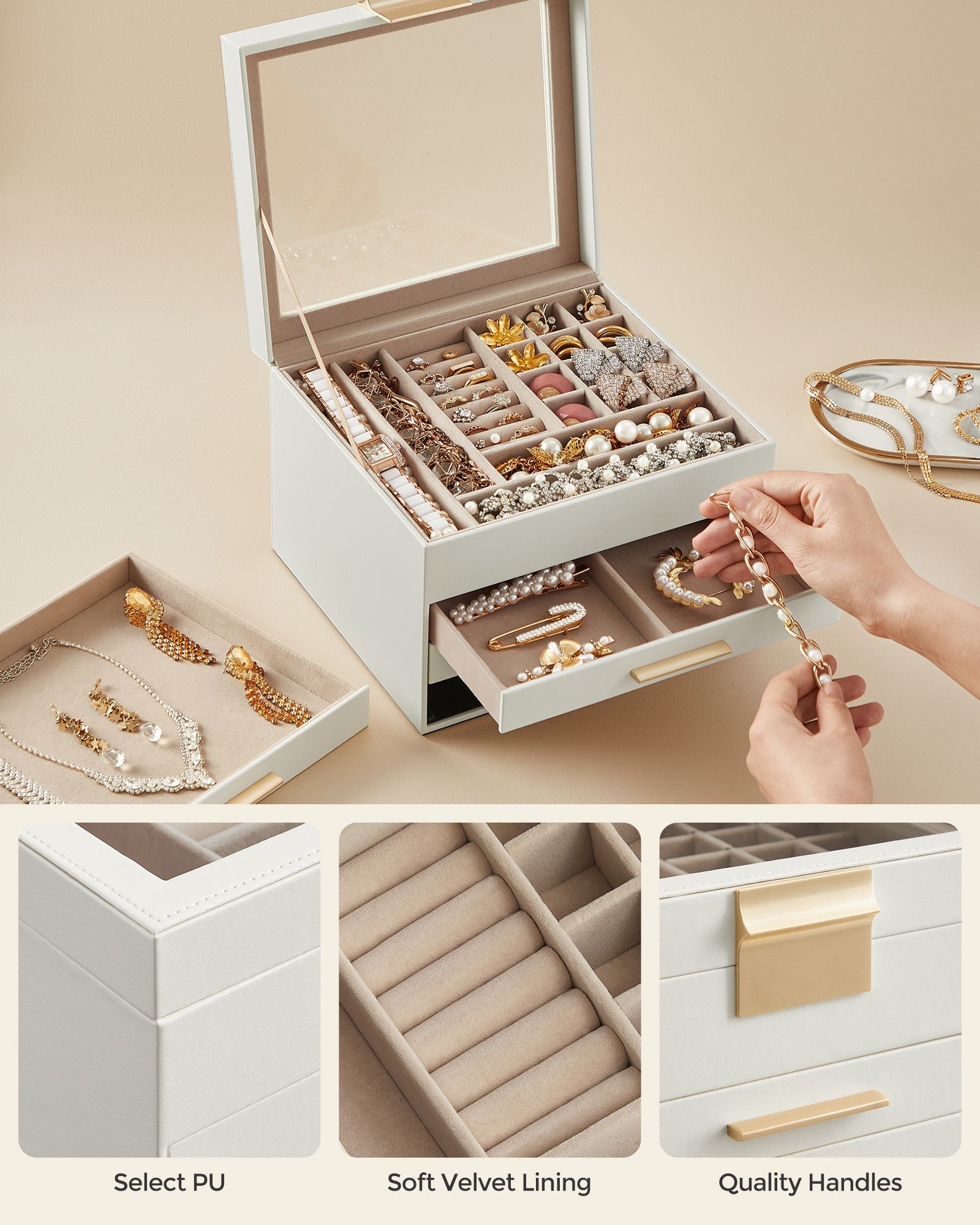 4-Layer Jewelry Box with Glass Lid, 3 Drawers