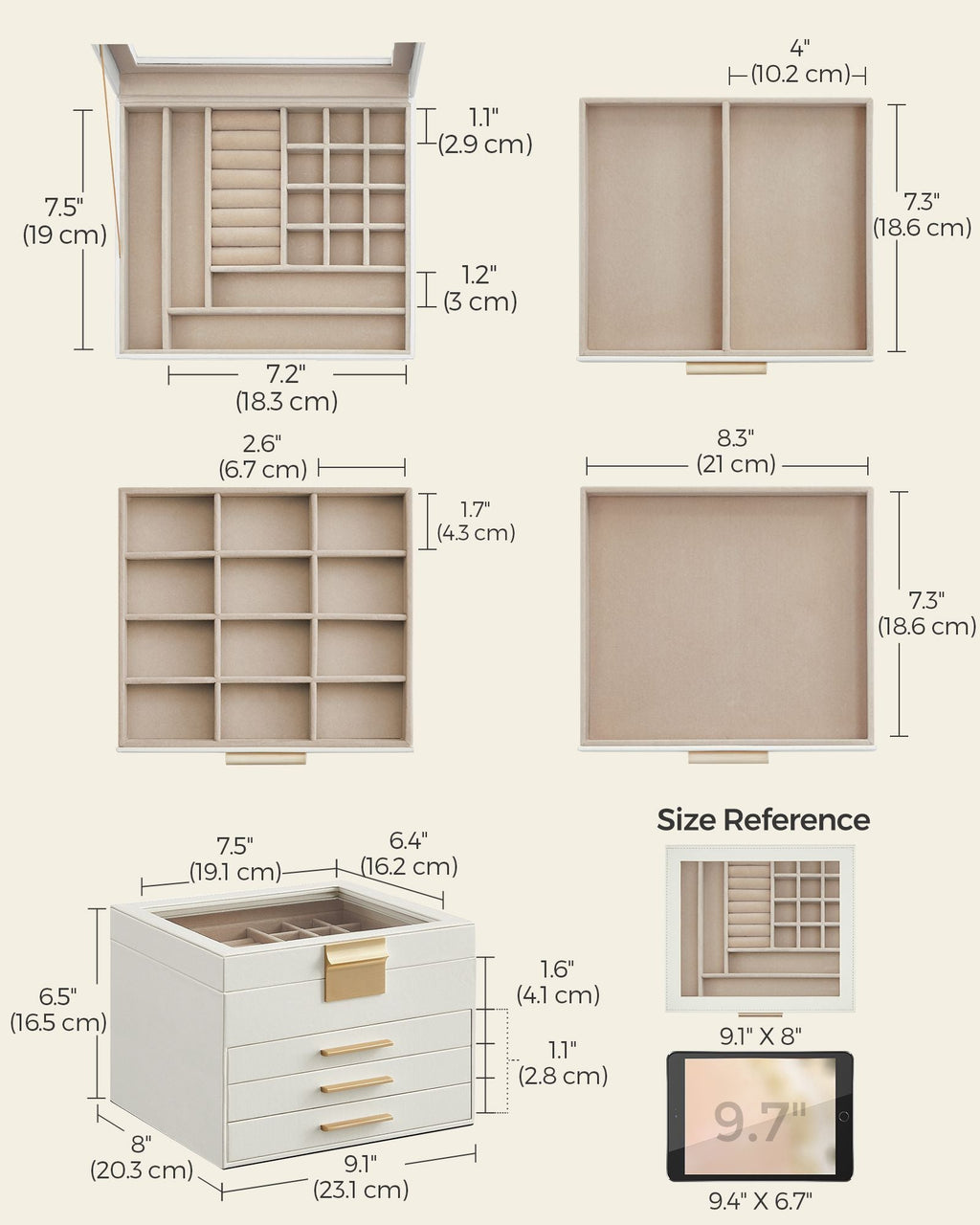4-Layer Jewelry Box with Glass Lid, 3 Drawers