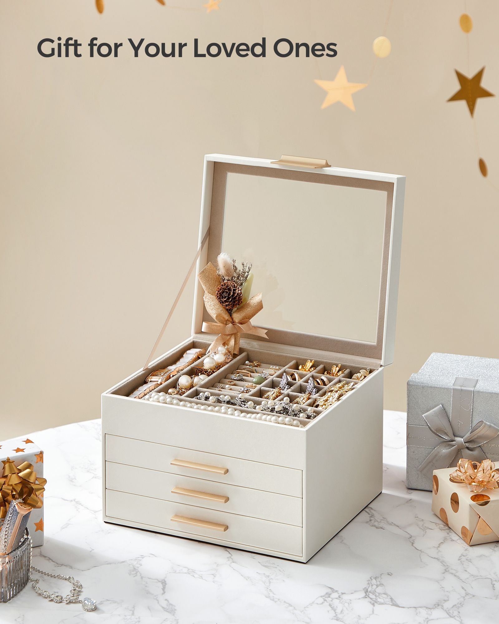 4-Layer Jewelry Box with Glass Lid, 3 Drawers