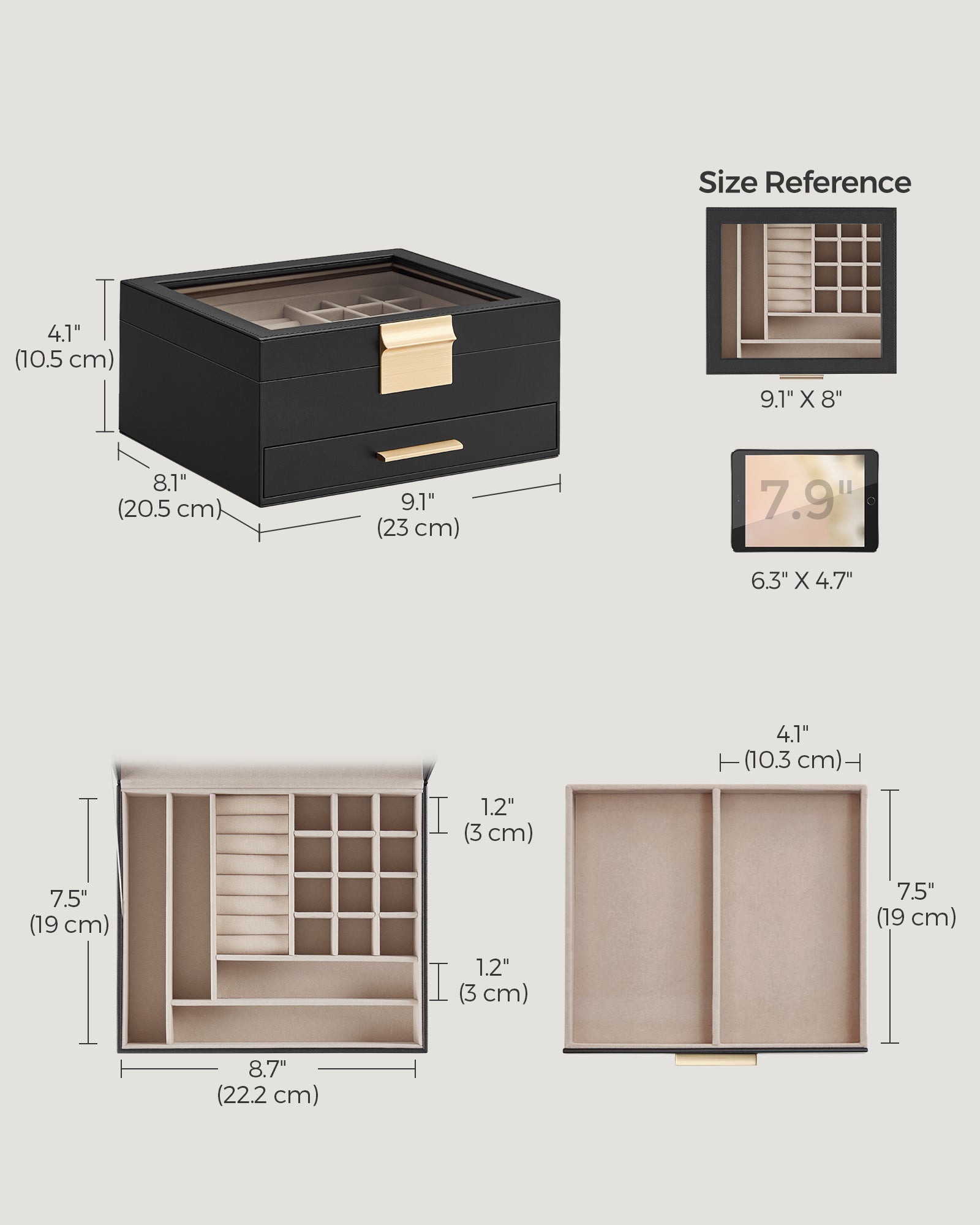 2-Layer Jewelry Box with Glass Lid, 1 Drawer