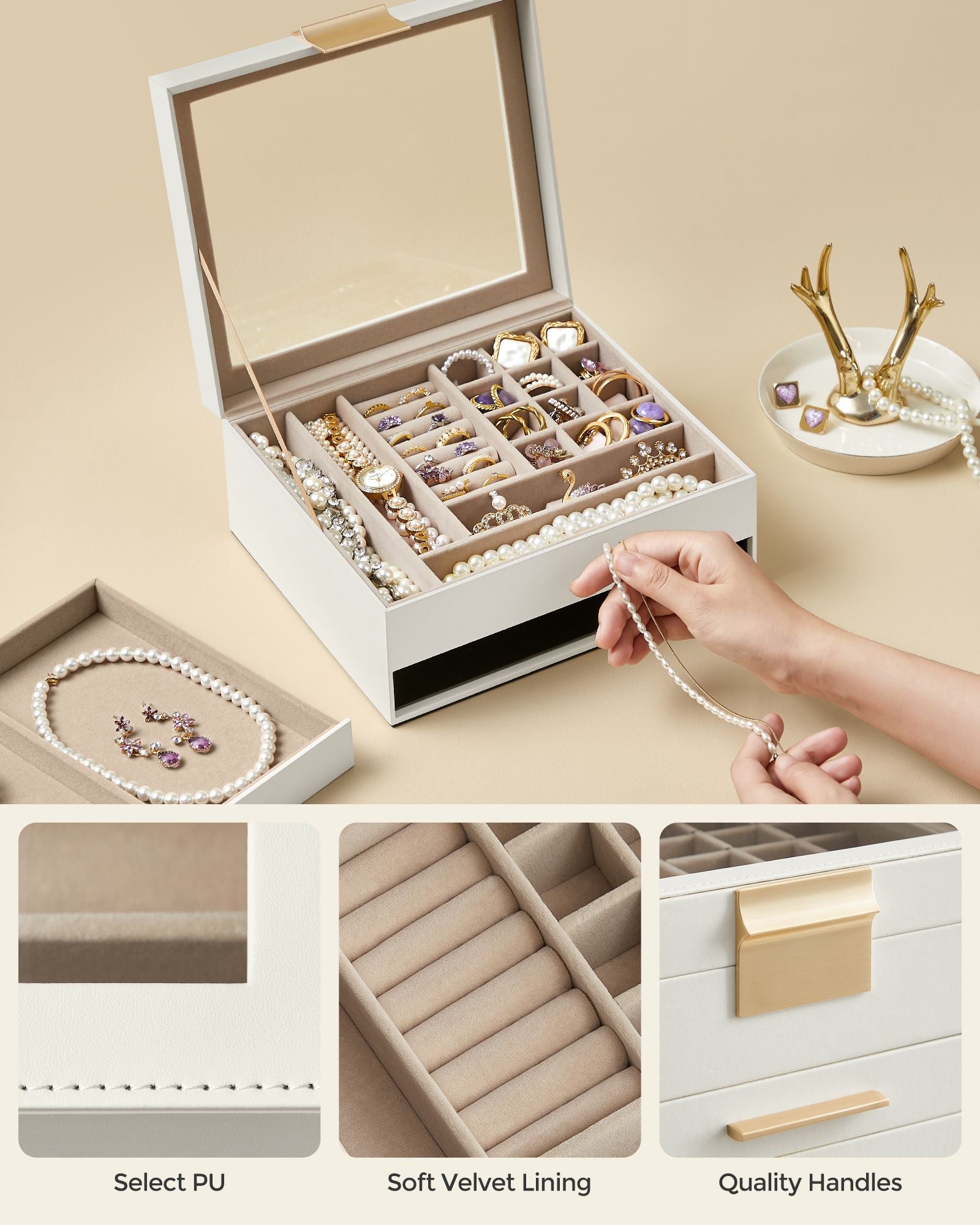 2-Layer Jewelry Box with Glass Lid, 1 Drawer