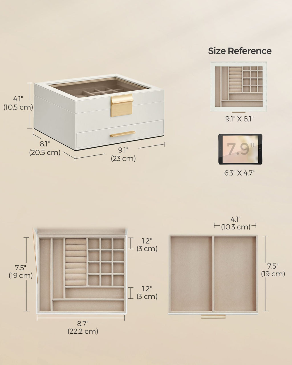 2-Layer Jewelry Box with Glass Lid, 1 Drawer