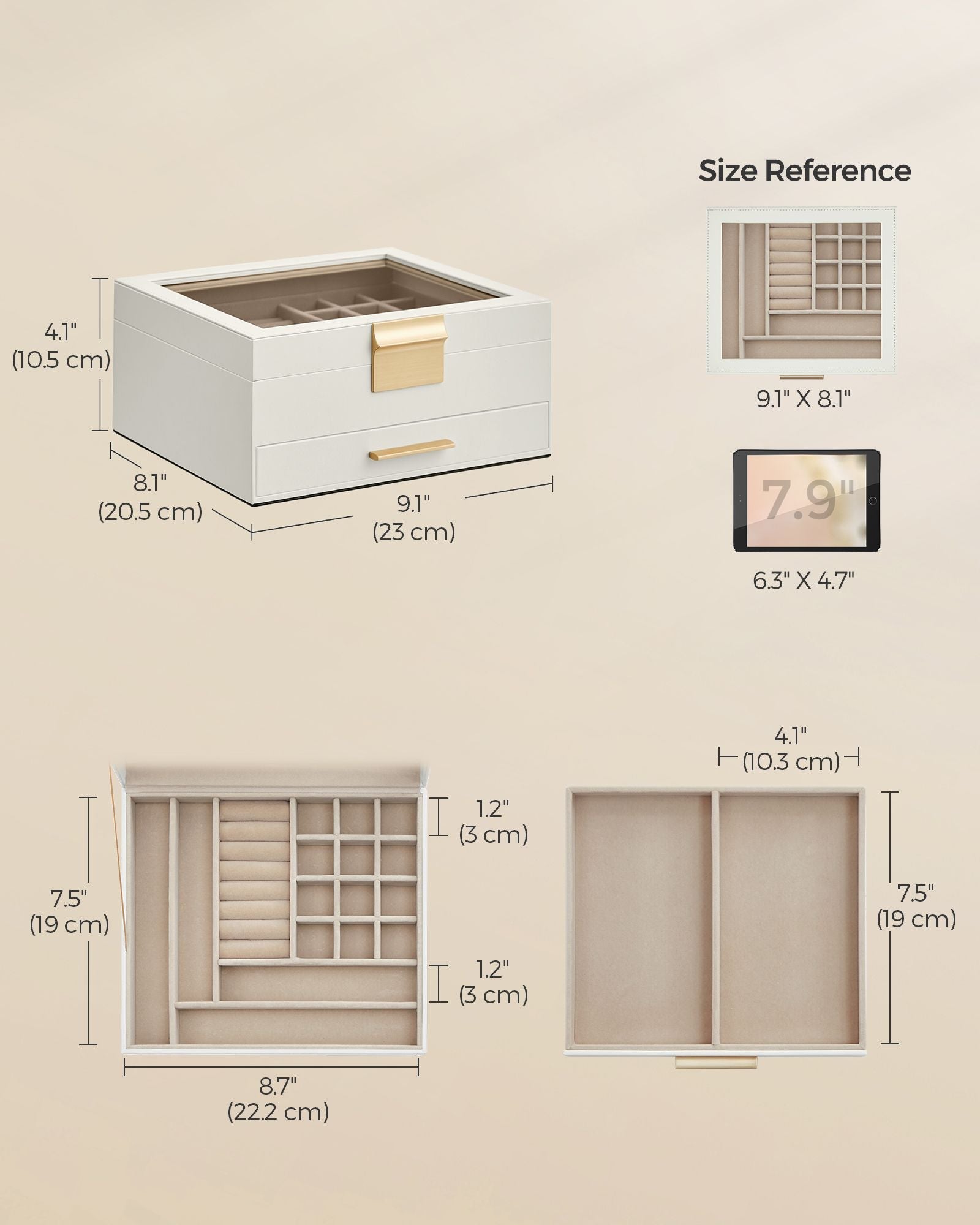 2-Layer Jewelry Box with Glass Lid, 1 Drawer