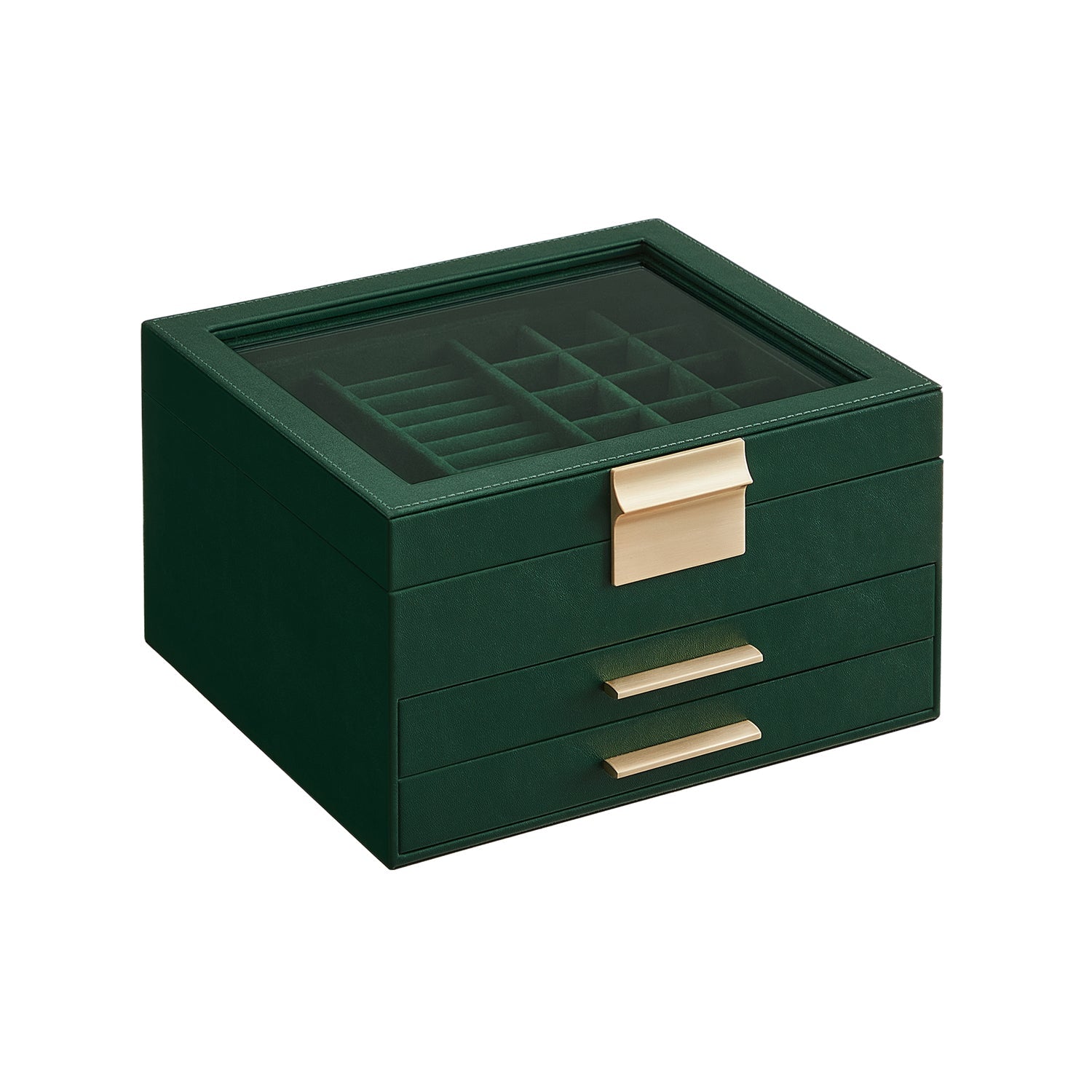 Jewelry Box with Glass Lid, 3-Layer Jewelry Organizer, 2 Drawers, Jewelry Storage, Plenty of Storage Space, Modern Style, Gift for Loved Ones, Forest Green