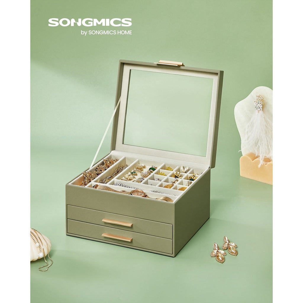 3-Layer Jewelry Box with Glass Lid, 2 Drawers