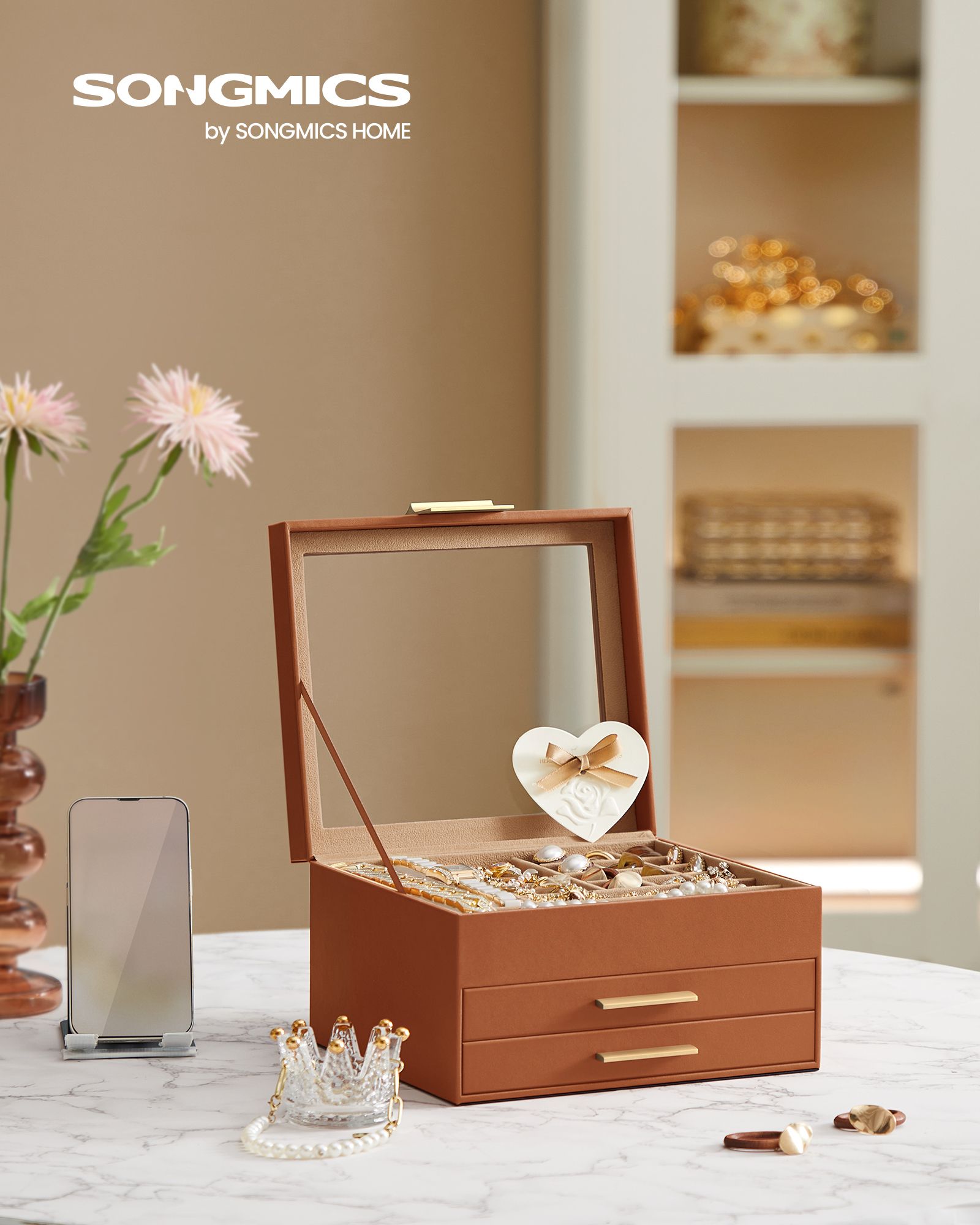 3-Layer Jewelry Box with Glass Lid, 2 Drawers
