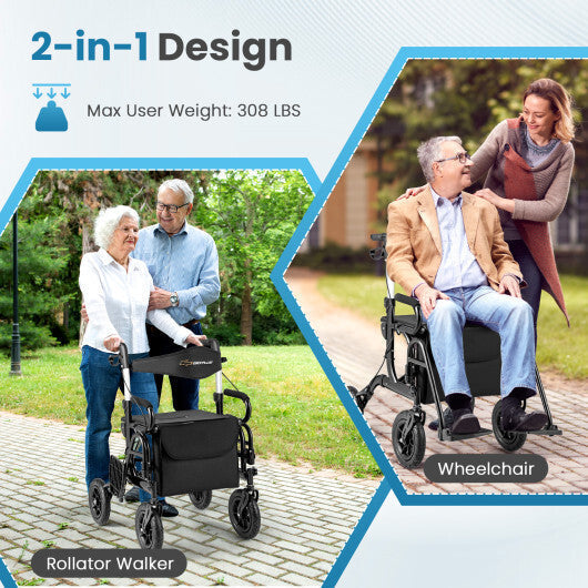 2-in-1 Foldable Rollator Walker with Seat abd 9 Inch Pneumatic Tires for Seniors-Red