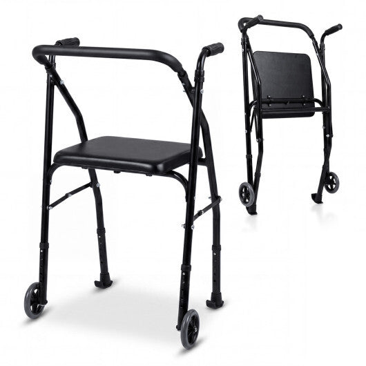 Lightweight Aluminum Mobility Walker for Seniors with 2 Wheels 5-Level Adjustable Height and Padded Seat-Black