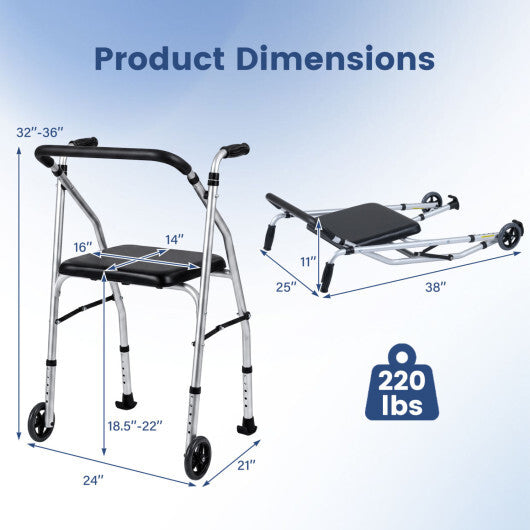 Lightweight Aluminum Mobility Walker for Seniors with 2 Wheels 5-Level Adjustable Height and Padded Seat-Black