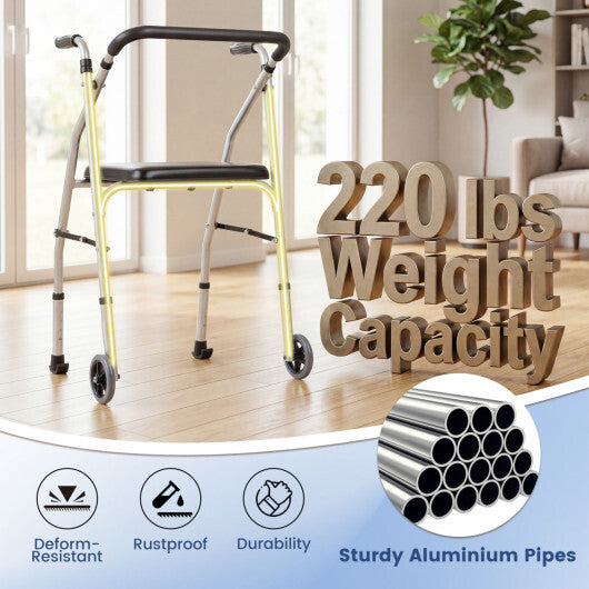 Lightweight Aluminum Mobility Walker for Seniors with 2 Wheels 5-Level Adjustable Height and Padded Seat-Black