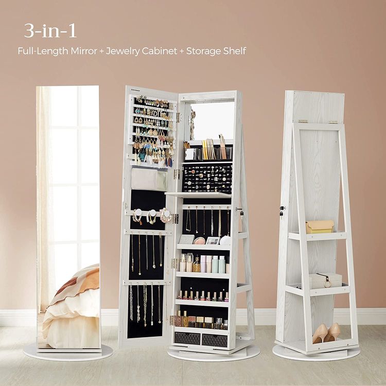 6 LEDs Lockable Mirror Jewelry Cabinet, 360° Swivel Jewelry Organizer, Standing Jewelry Armoire