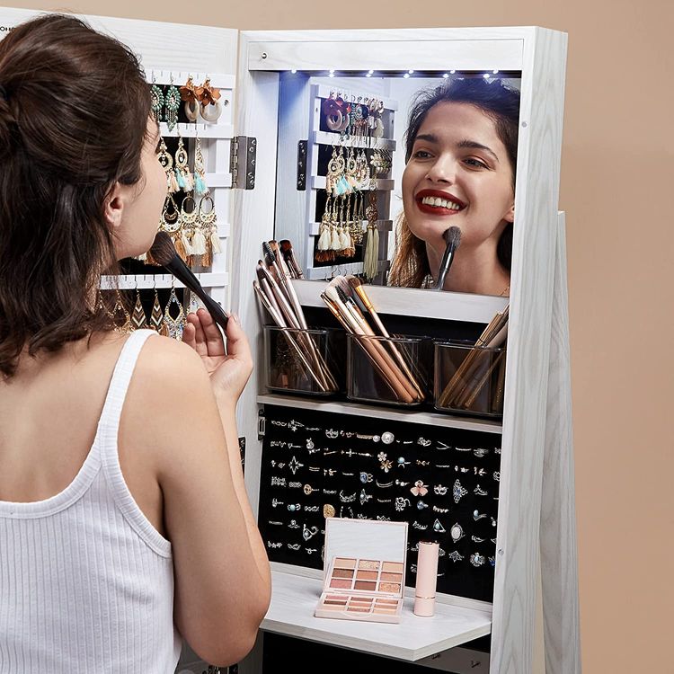 6 LEDs Lockable Mirror Jewelry Cabinet, 360° Swivel Jewelry Organizer, Standing Jewelry Armoire