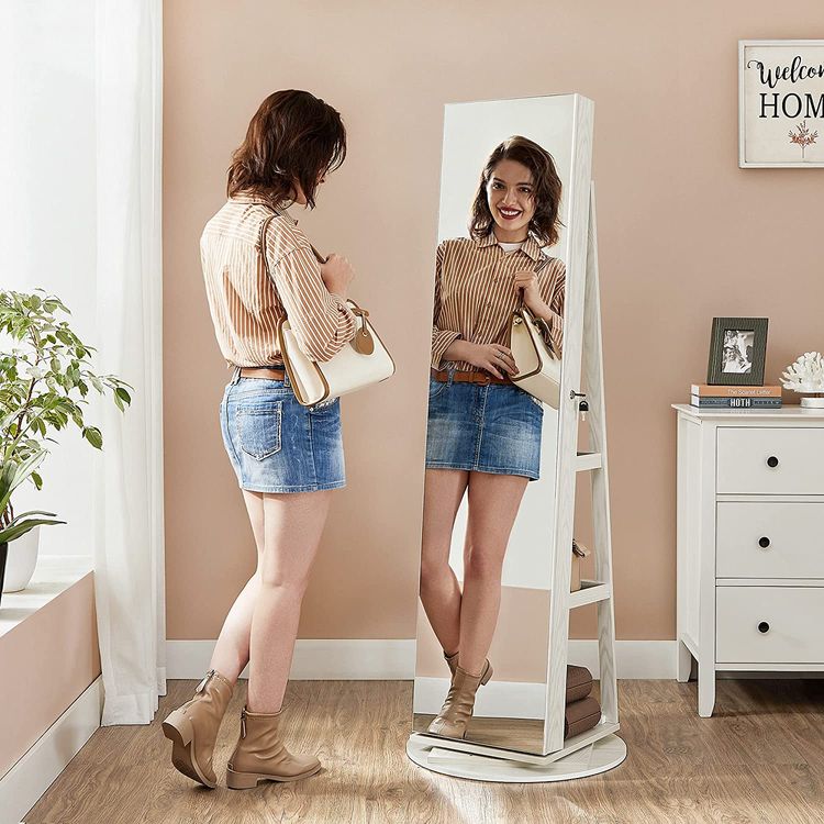 6 LEDs Lockable Mirror Jewelry Cabinet, 360° Swivel Jewelry Organizer, Standing Jewelry Armoire