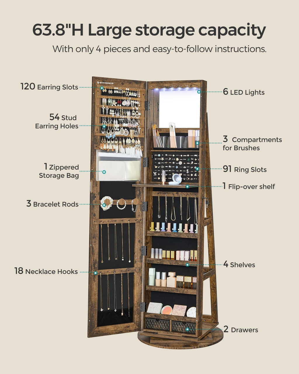 61-Inch Jewelry Cabinet with Lights
