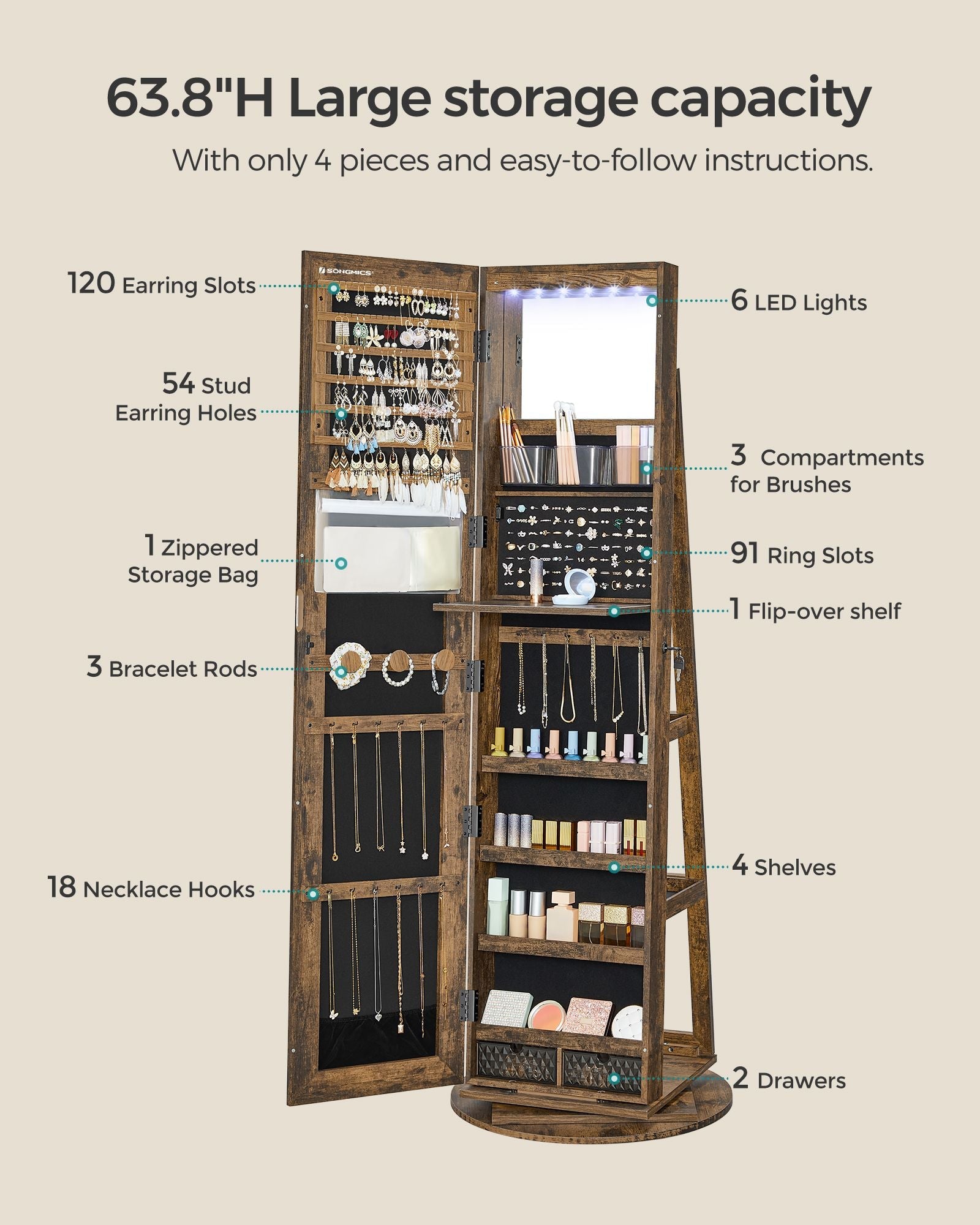 61-Inch Jewelry Cabinet with Lights