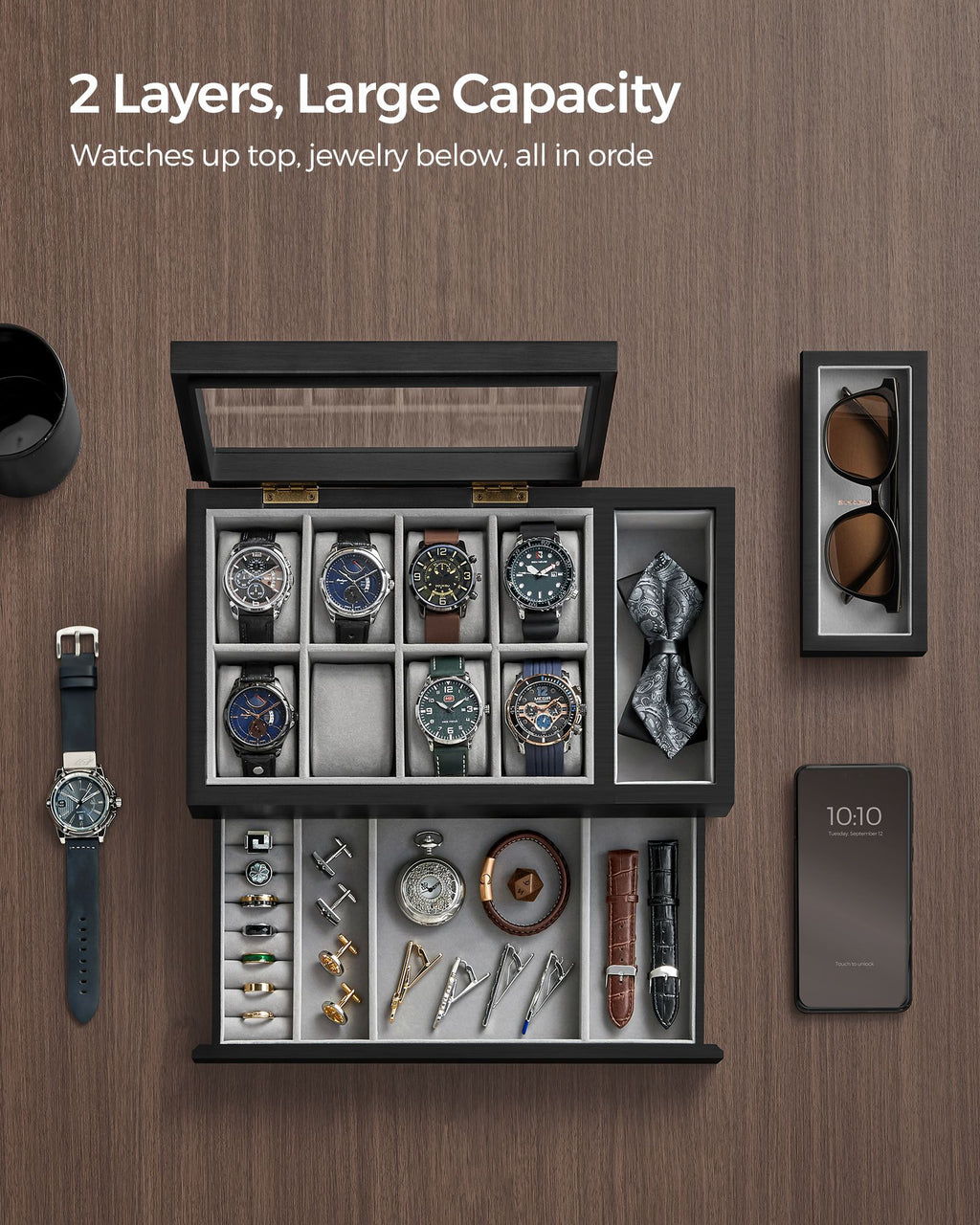 8-Slot Wooden Watch Box with Solid Wood Veneer