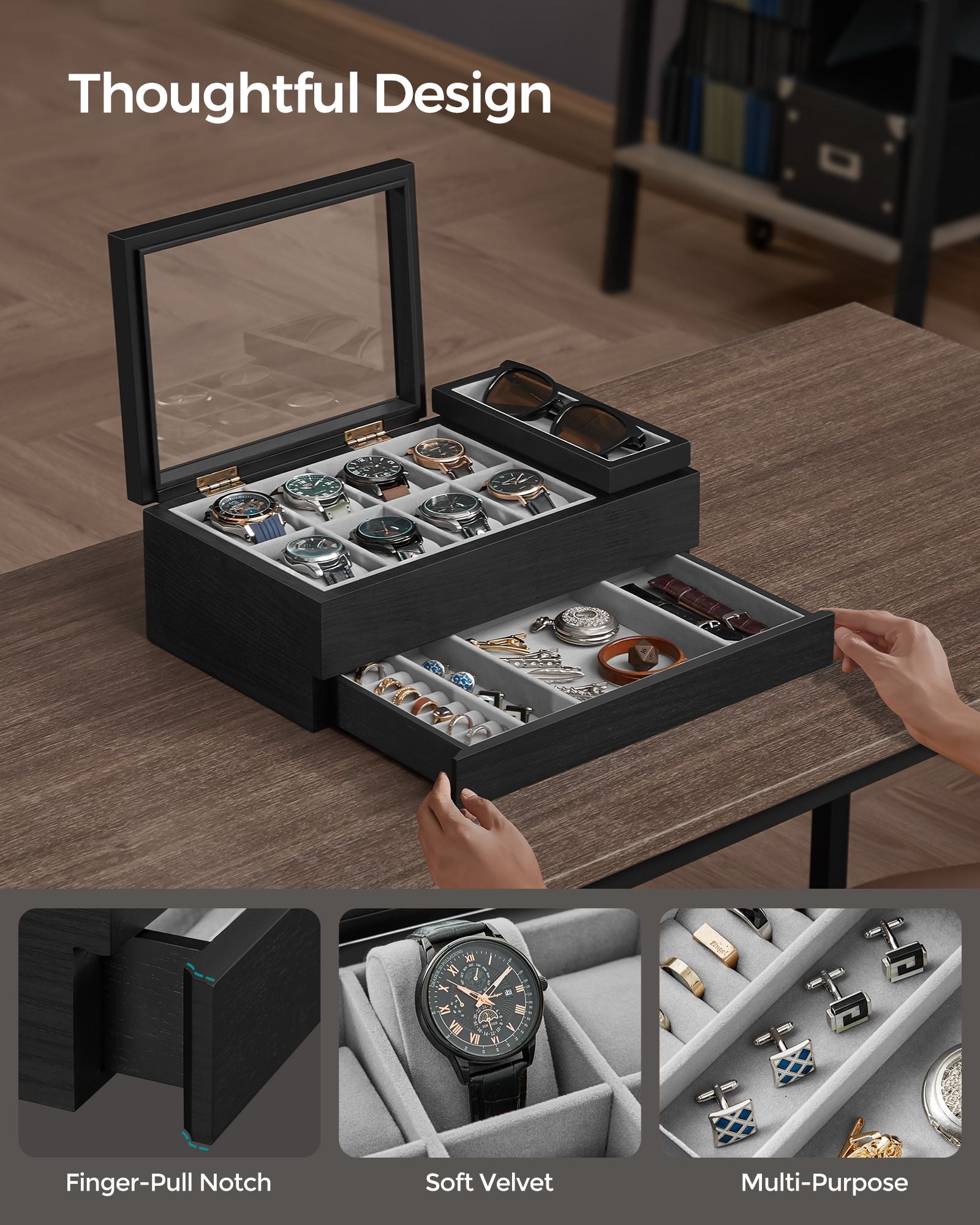8-Slot Wooden Watch Box with Solid Wood Veneer