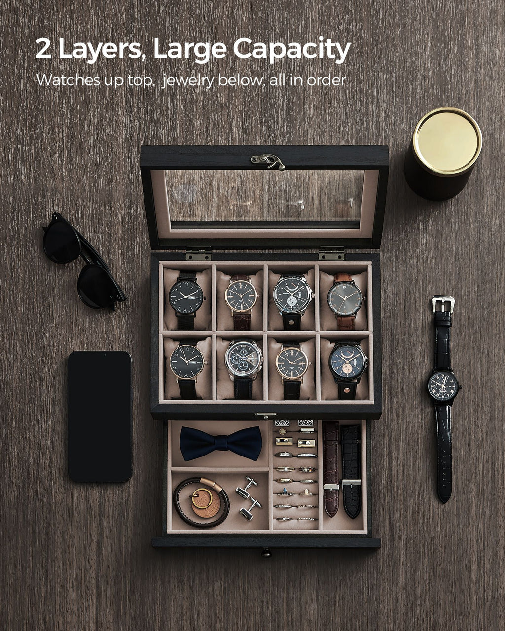 8-Slot Watch Box with Large Glass Lid