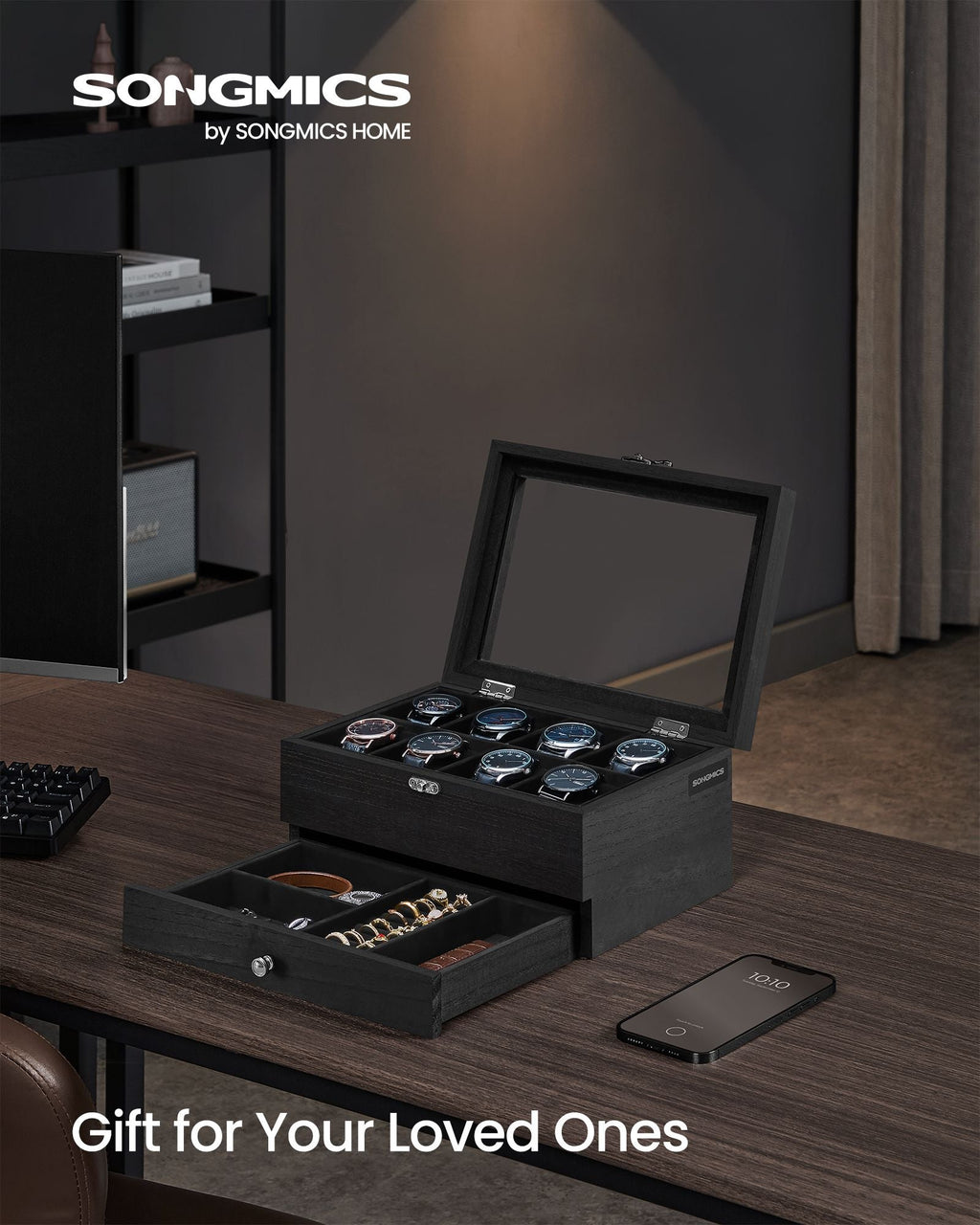 8-Slot Watch Box with Large Glass Lid Ink Black