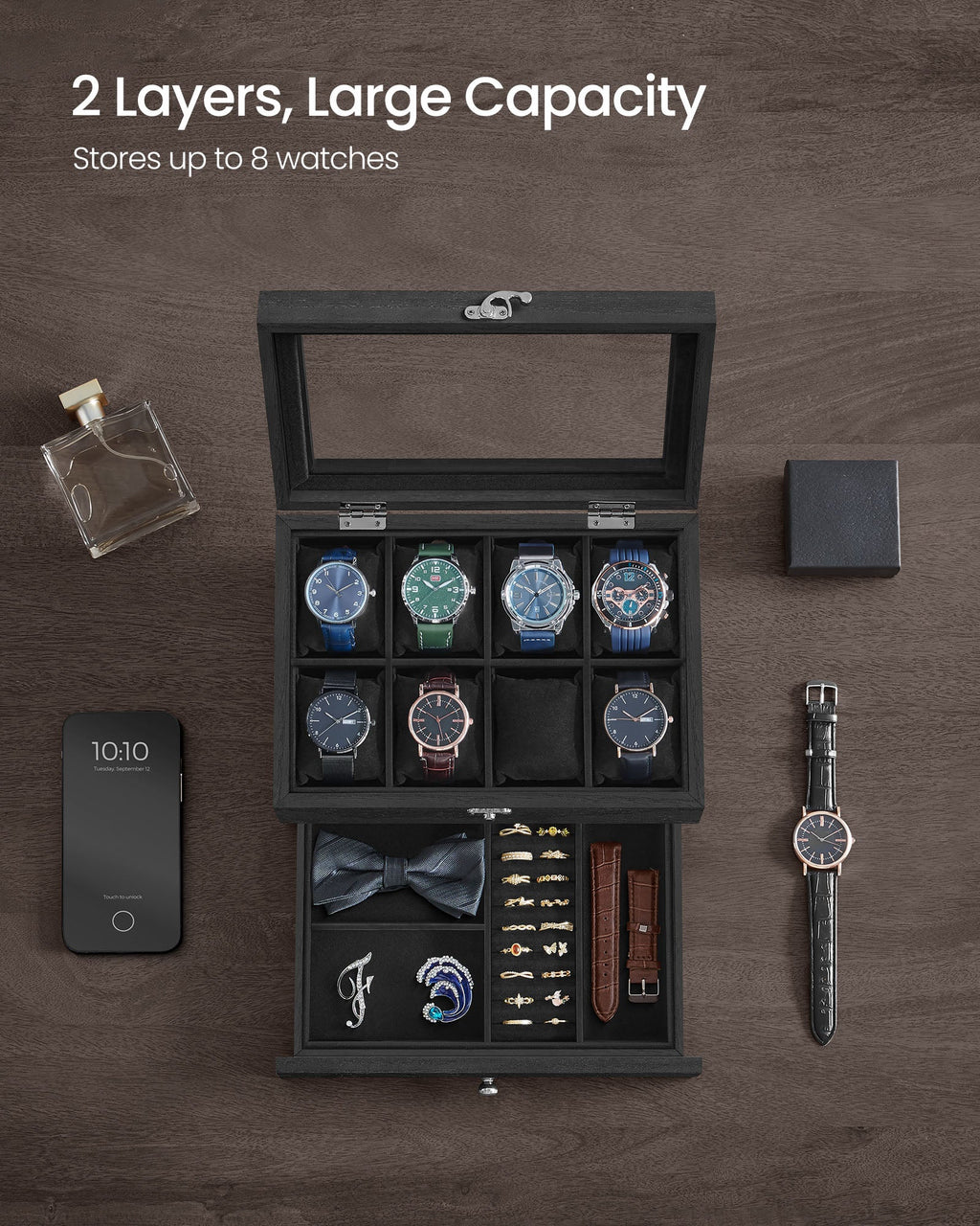 8-Slot Watch Box with Large Glass Lid Ink Black