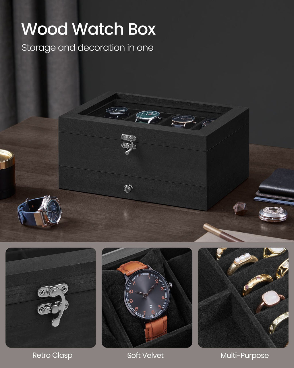 8-Slot Watch Box with Large Glass Lid Ink Black