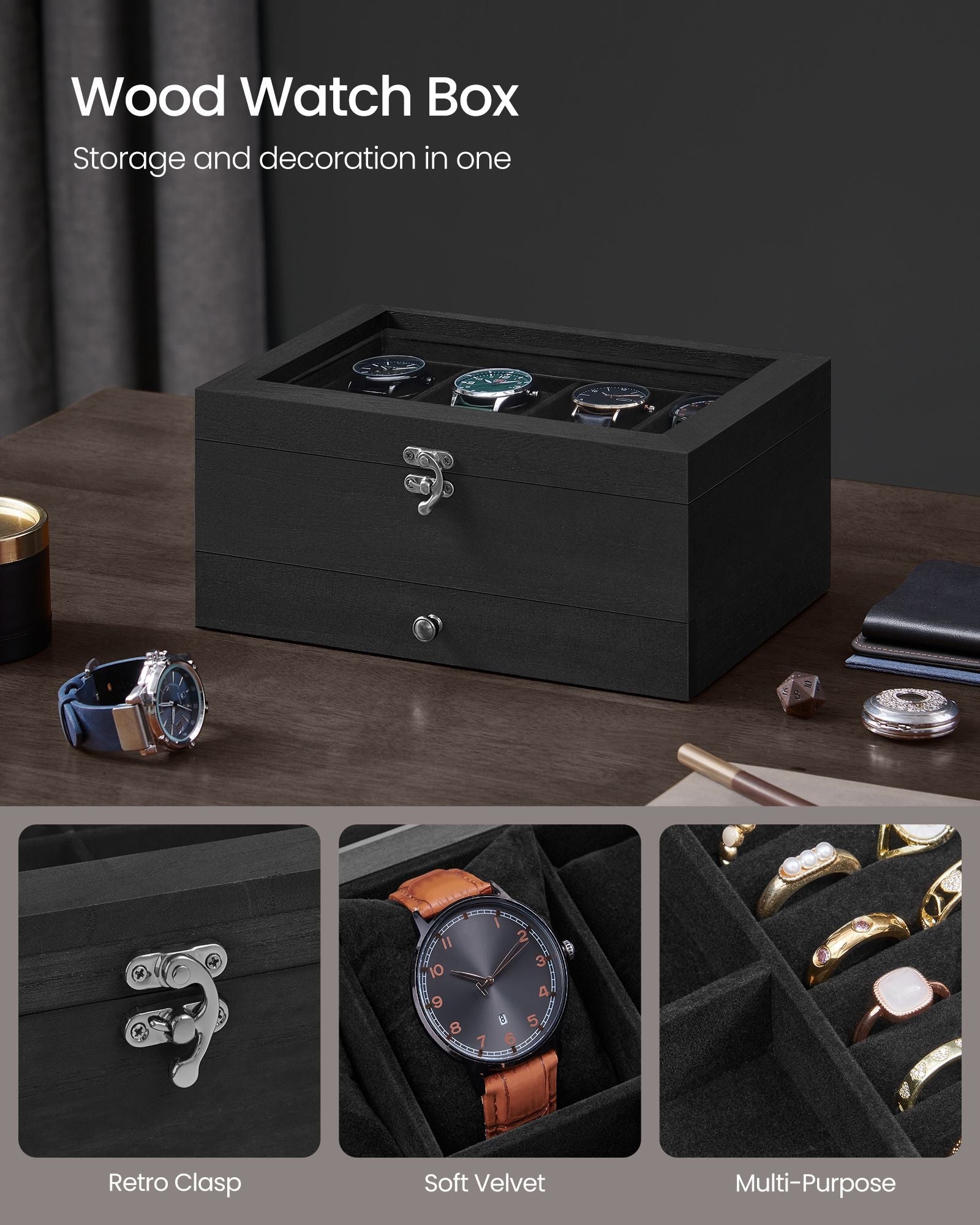 8-Slot Watch Box with Large Glass Lid Ink Black