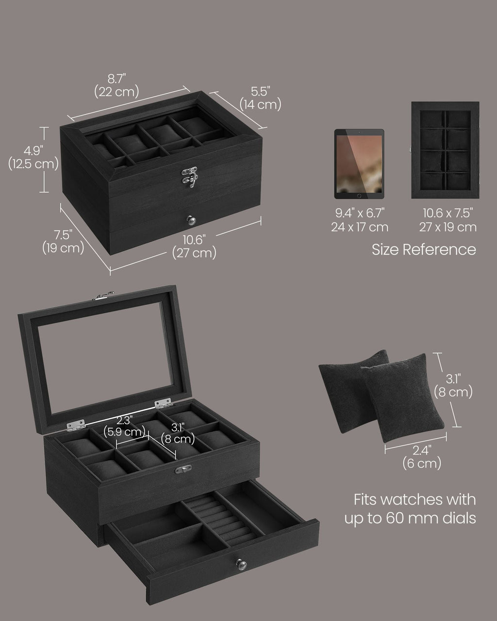 8-Slot Watch Box with Large Glass Lid Ink Black