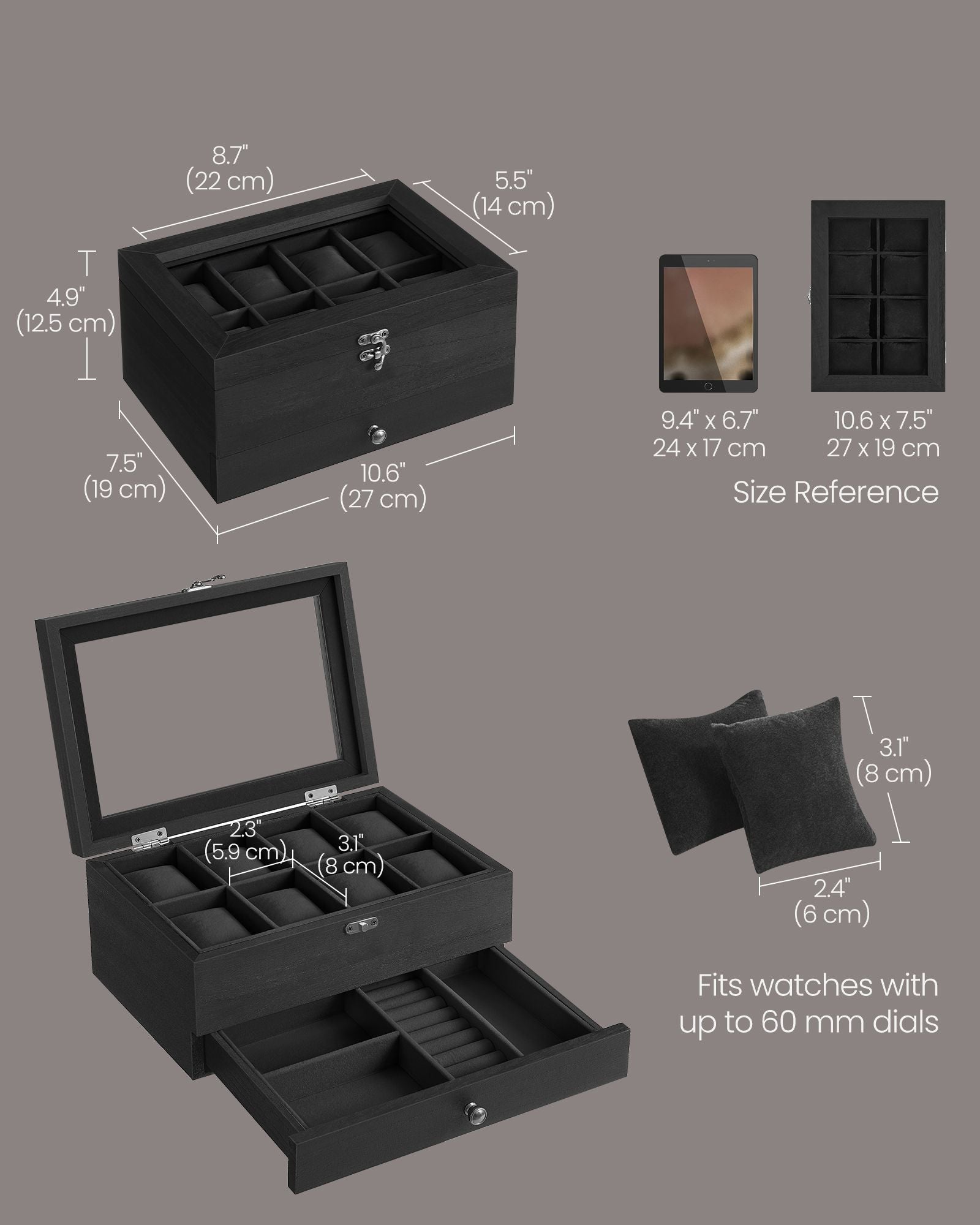 8-Slot Watch Box with Large Glass Lid Ink Black