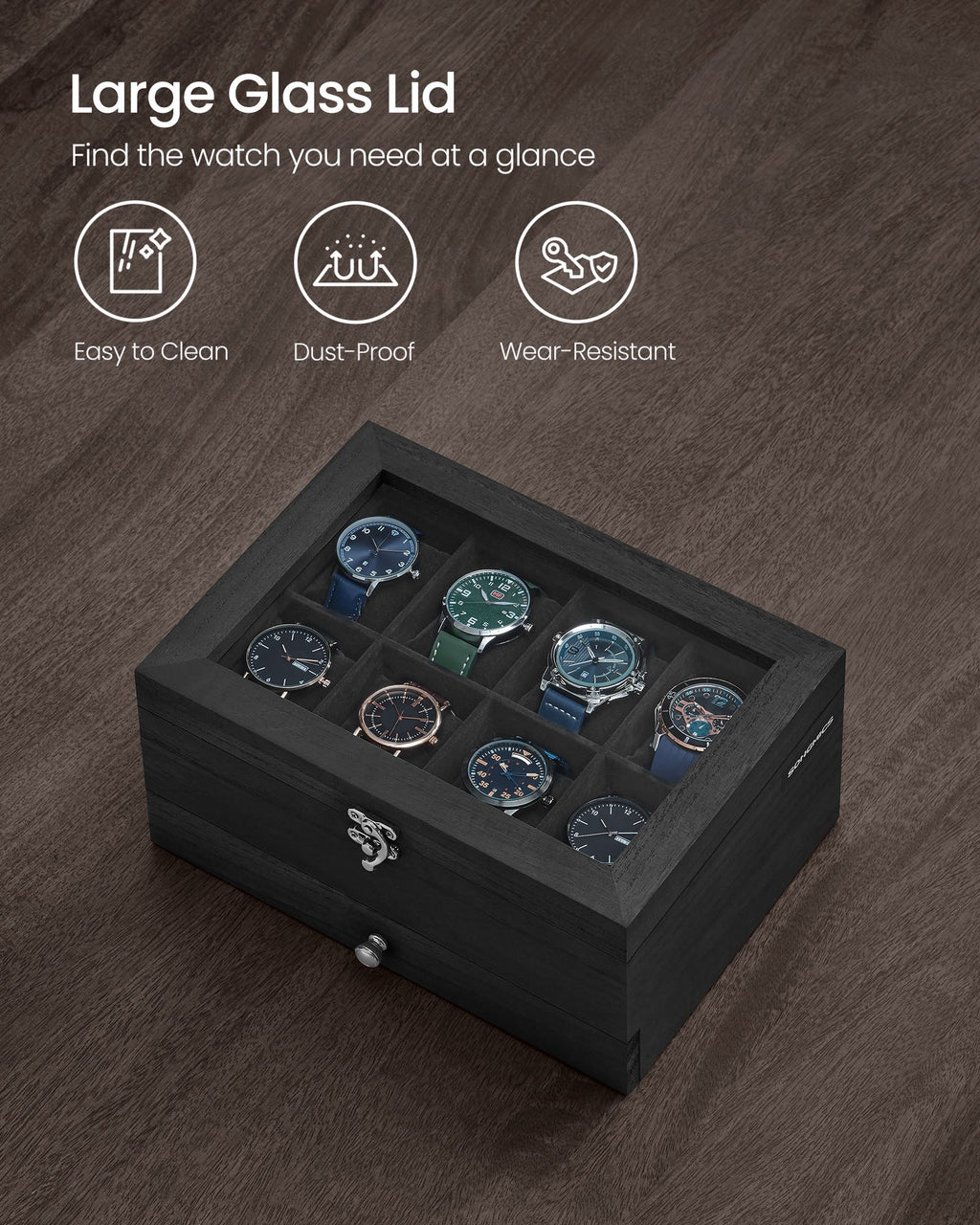 8-Slot Watch Box with Large Glass Lid Ink Black