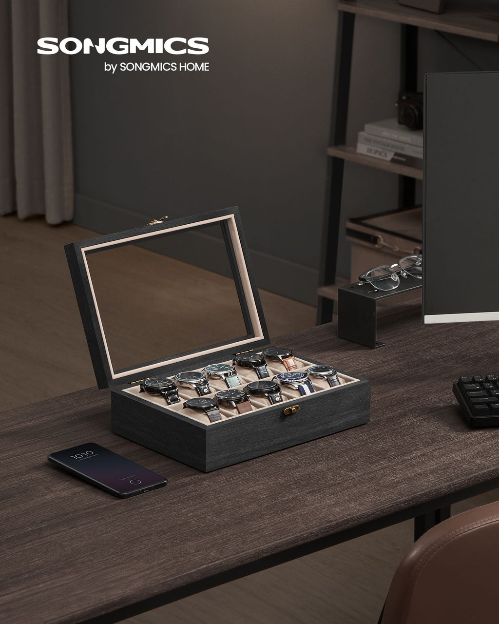 12-Slot Solid Wood Watch Box with Glass Lid