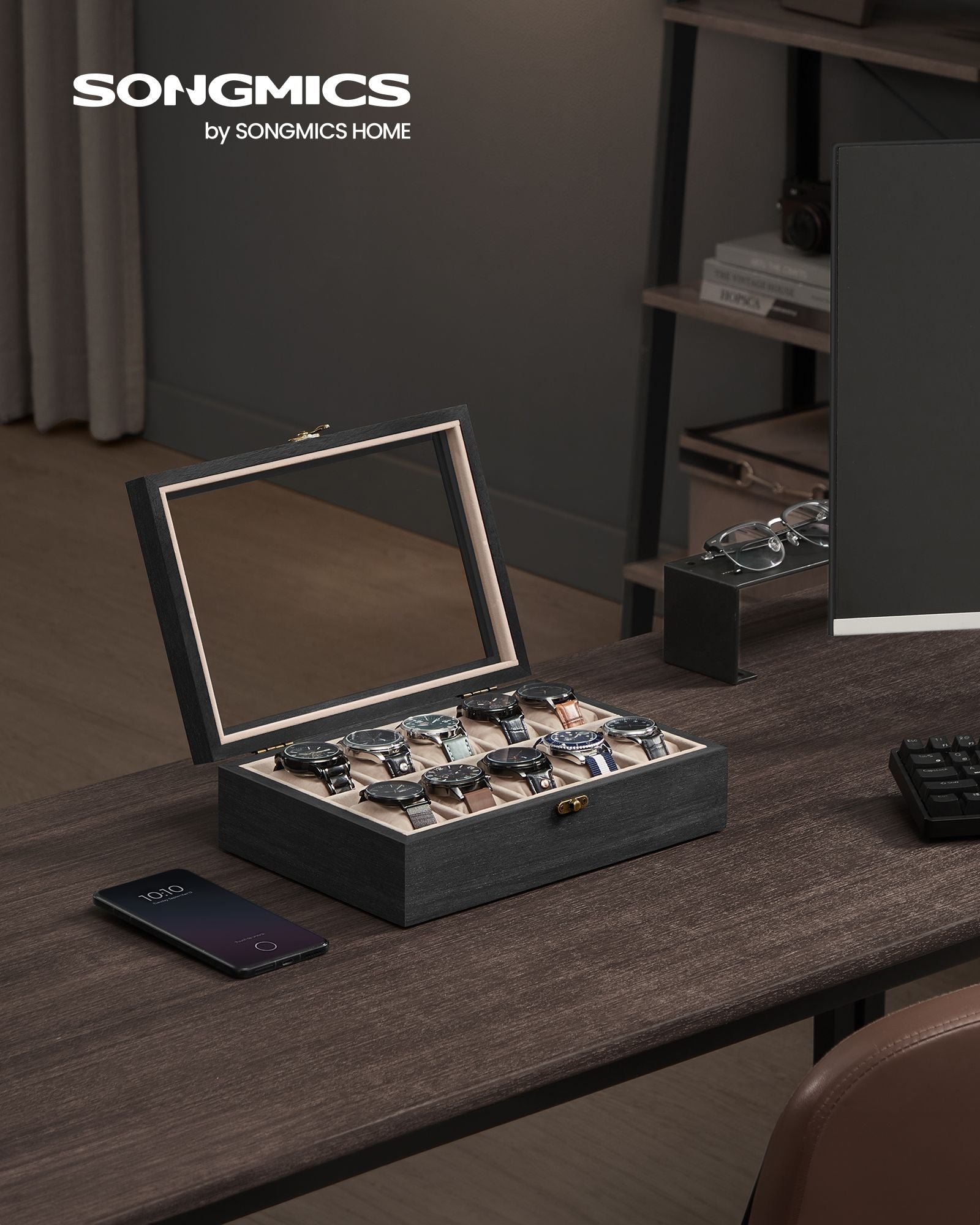 12-Slot Solid Wood Watch Box with Glass Lid