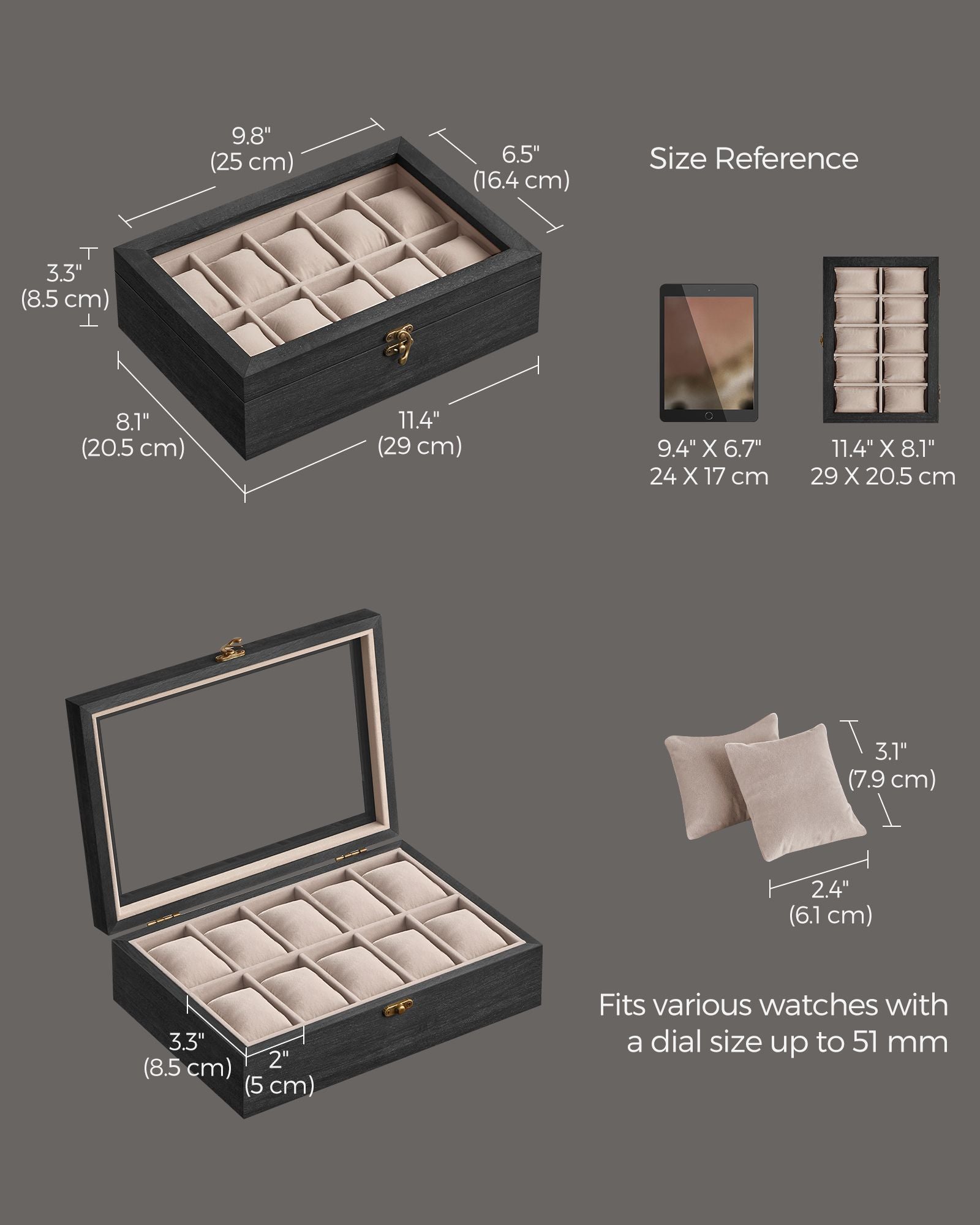 12-Slot Solid Wood Watch Box with Glass Lid